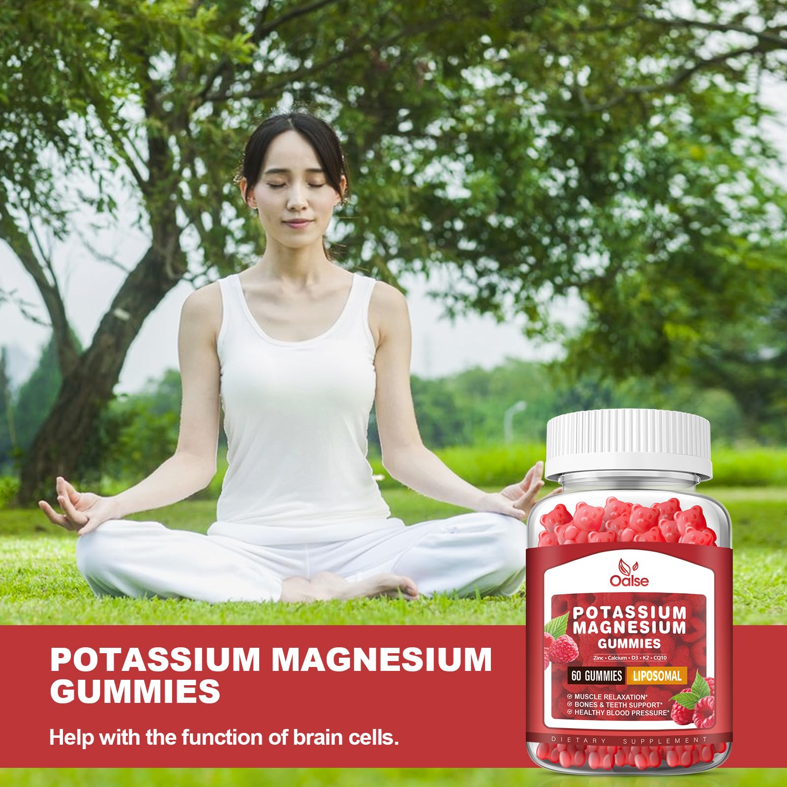 OALSE Potassium Magnesium Gummies lifestyle scene with healthy snacks