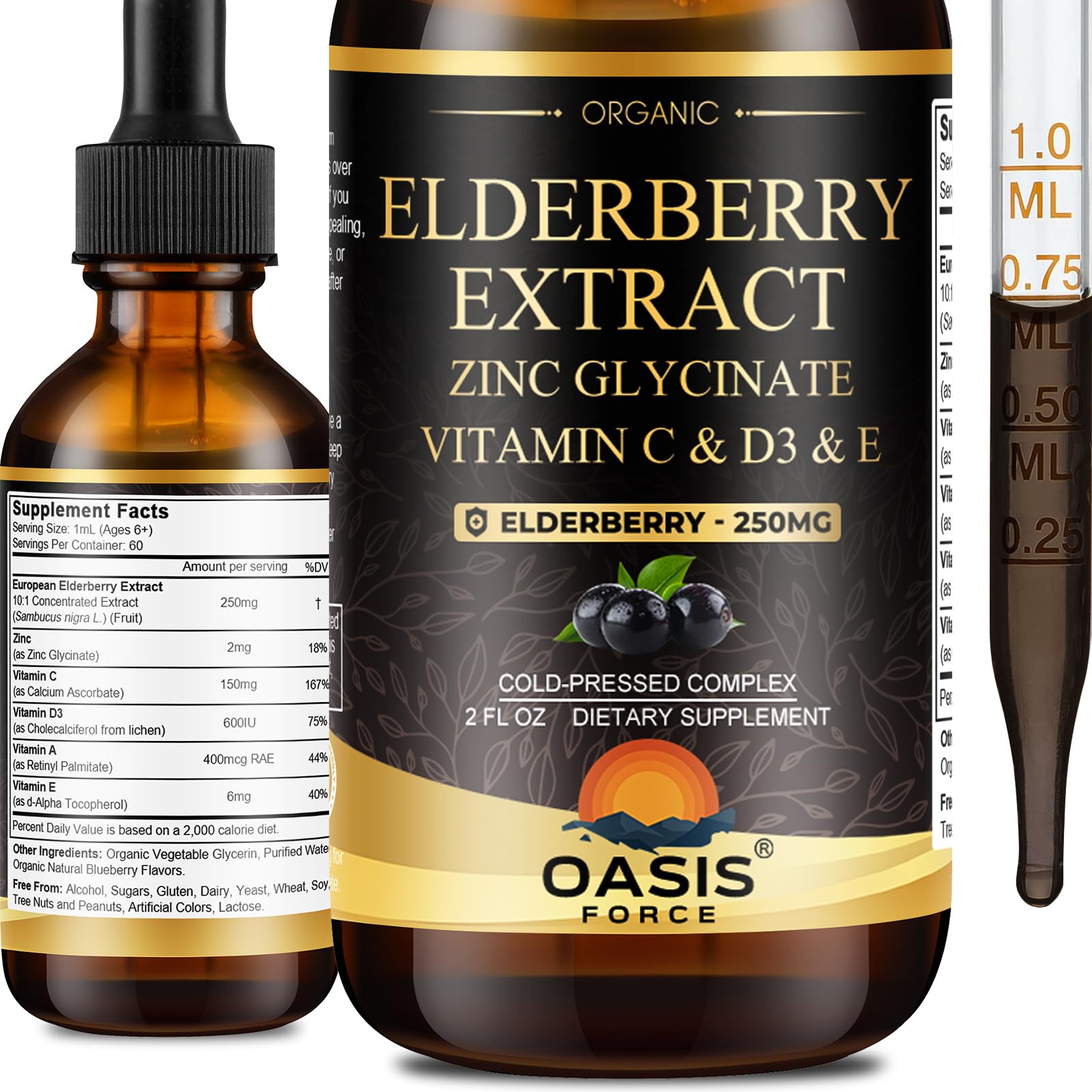 OASIS FORCE Elderberry Syrup 250mg front view with blueberry flavour