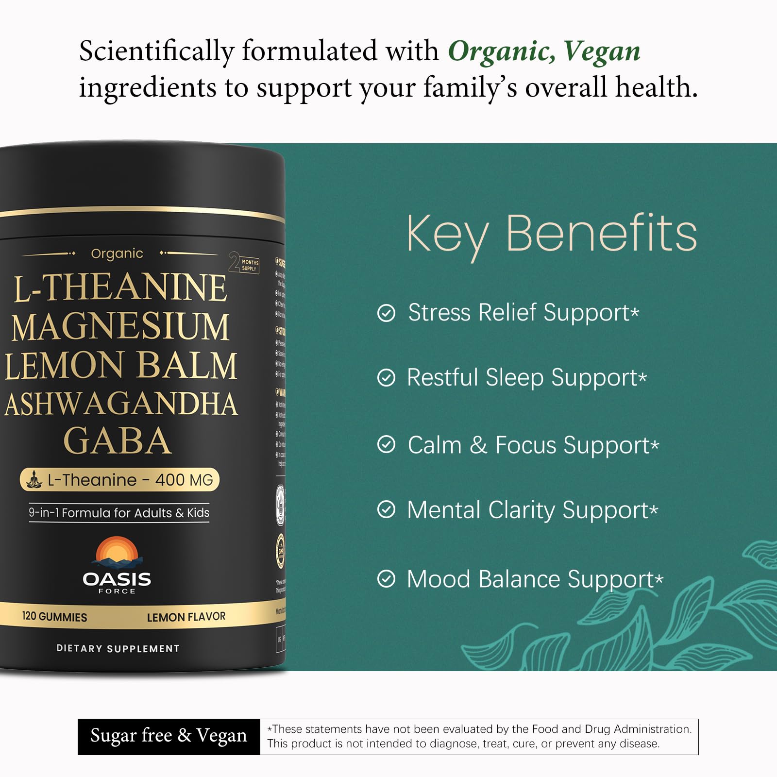 OASIS FORCE Organic L-Theanine Gummies packaging side view