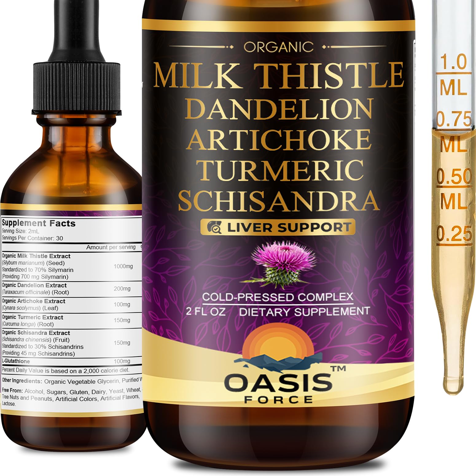 OASIS FORCE Organic Milk Thistle Supplement 1000mg liquid extract front view