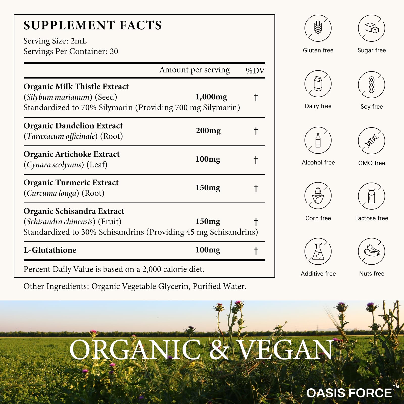 OASIS FORCE Organic Milk Thistle Supplement 1000mg liquid extract in a glass