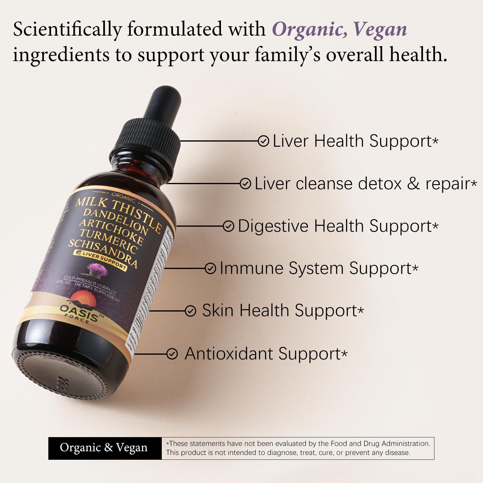 OASIS FORCE Organic Milk Thistle Supplement liquid extract with measuring dropper