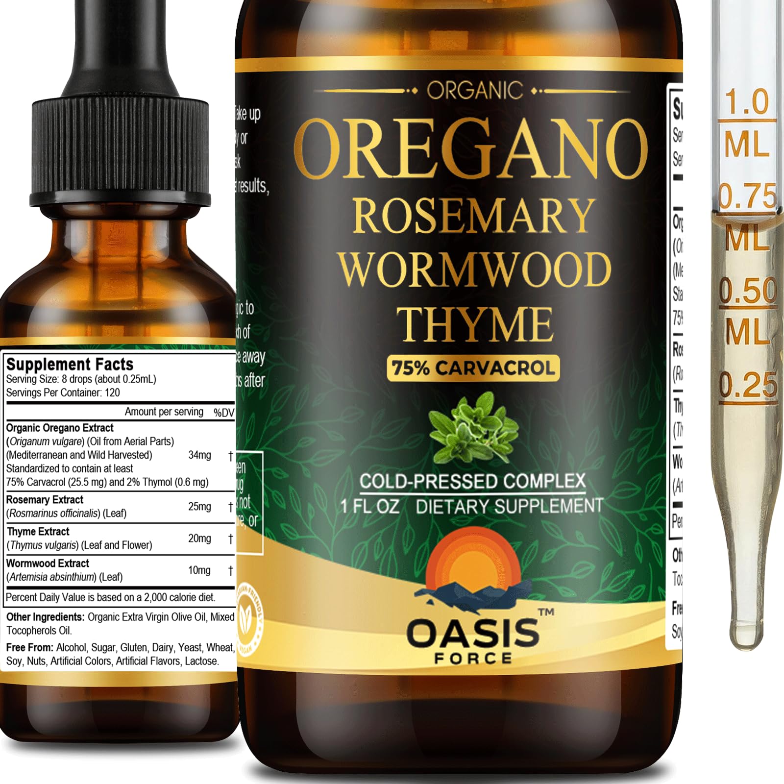 OASIS FORCE Organic Oregano Oil Drops front view with packaging