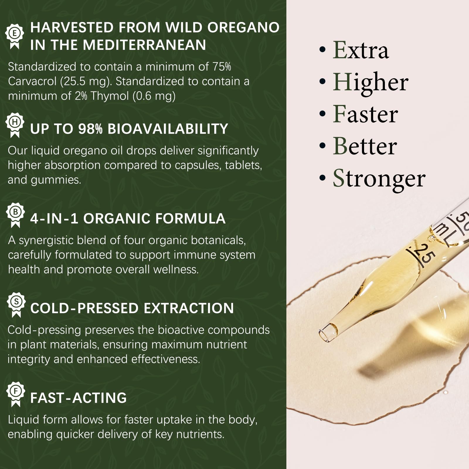 OASIS FORCE Organic Oregano Oil Drops with olive oil background