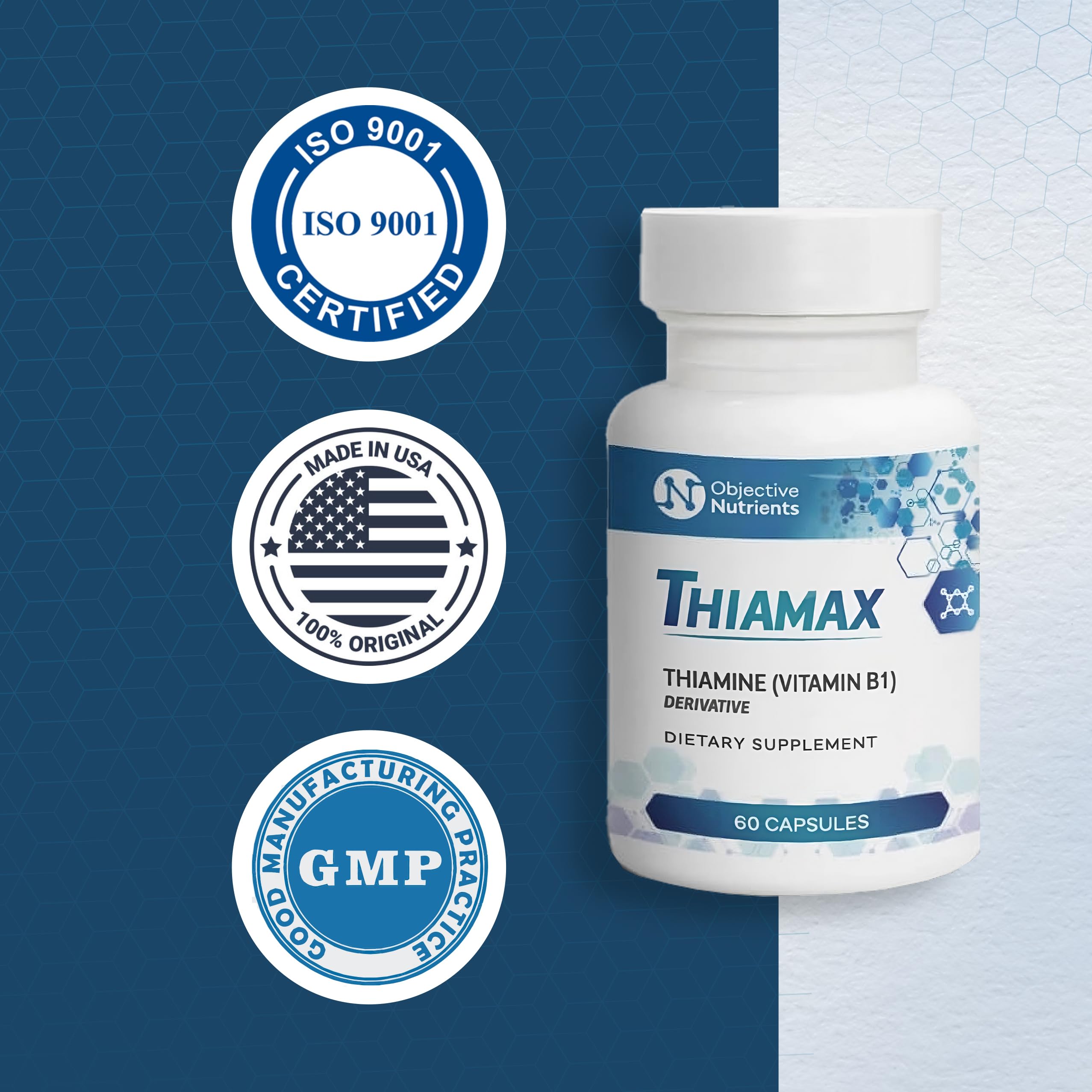 Objective Nutrients Thiamax B1 supplement displayed with a measuring spoon
