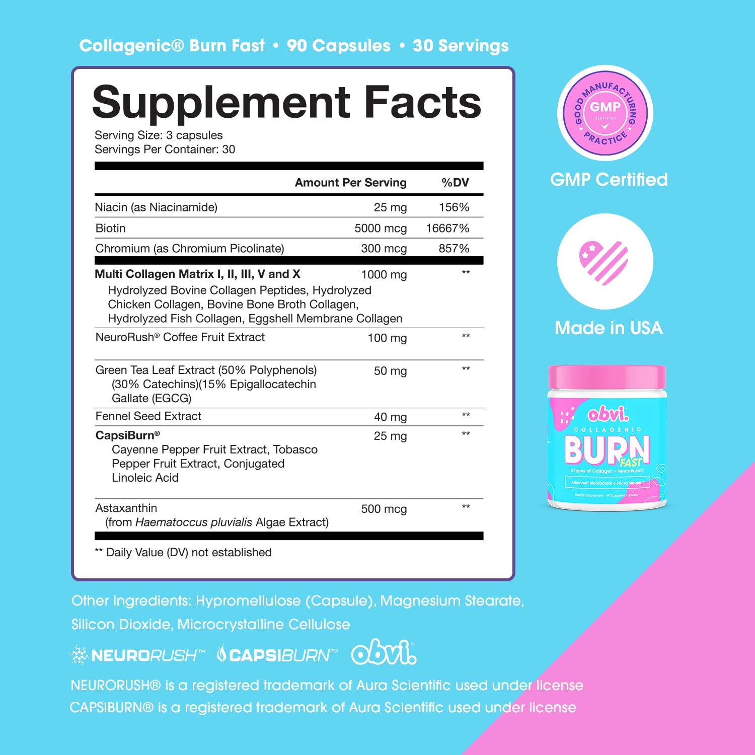 Obvi Collagenic Burn Fast Capsules opened bottle with capsules visible