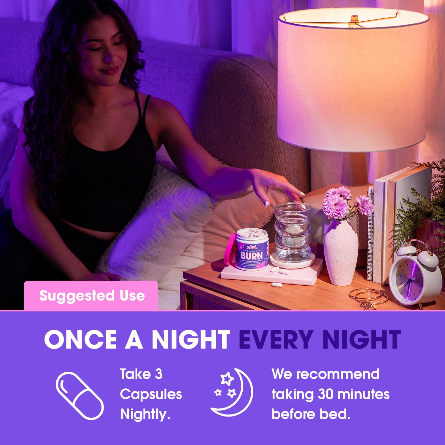 Obvi Collagenic Burn PM bottle on a nightstand