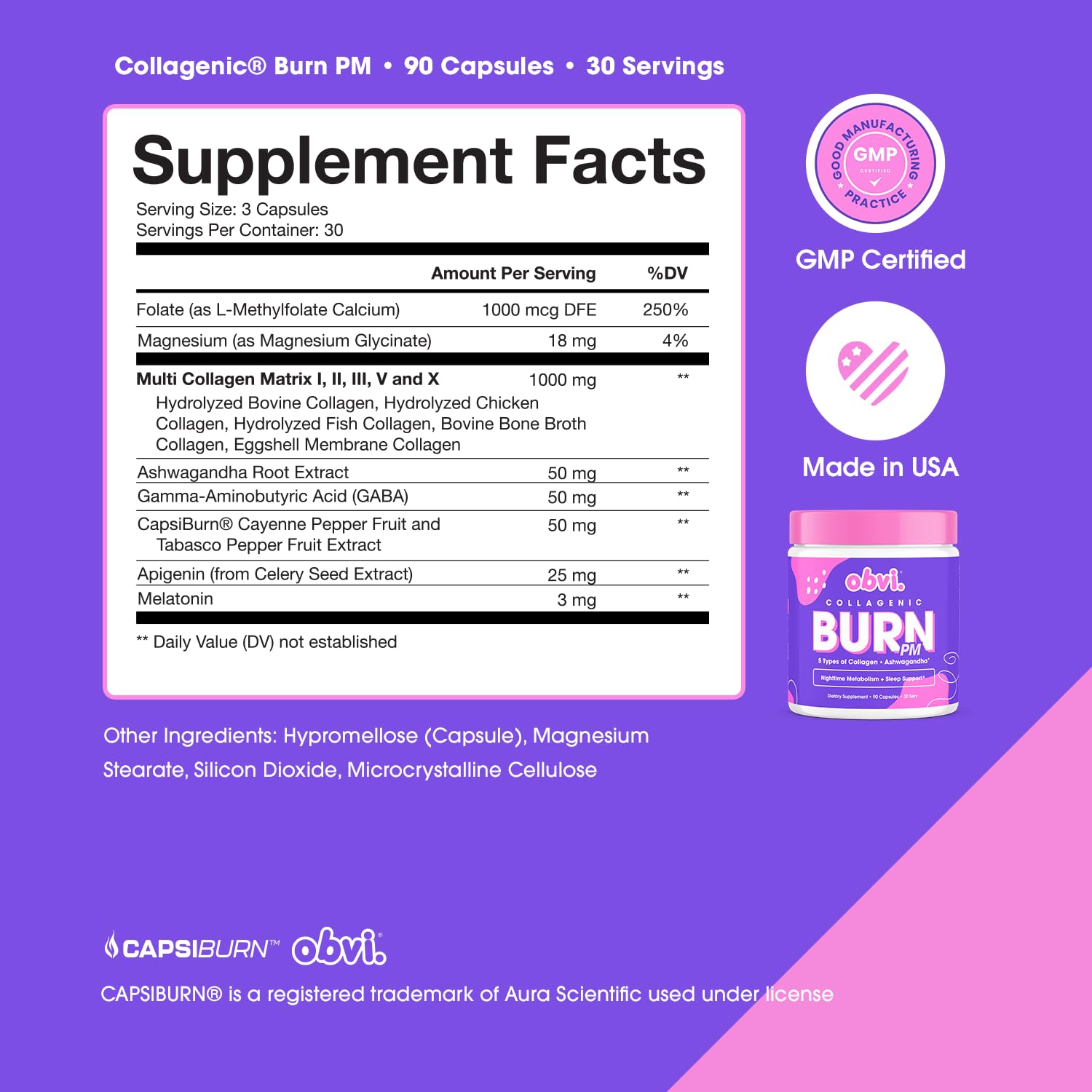 Obvi Collagenic Burn PM capsules in hand