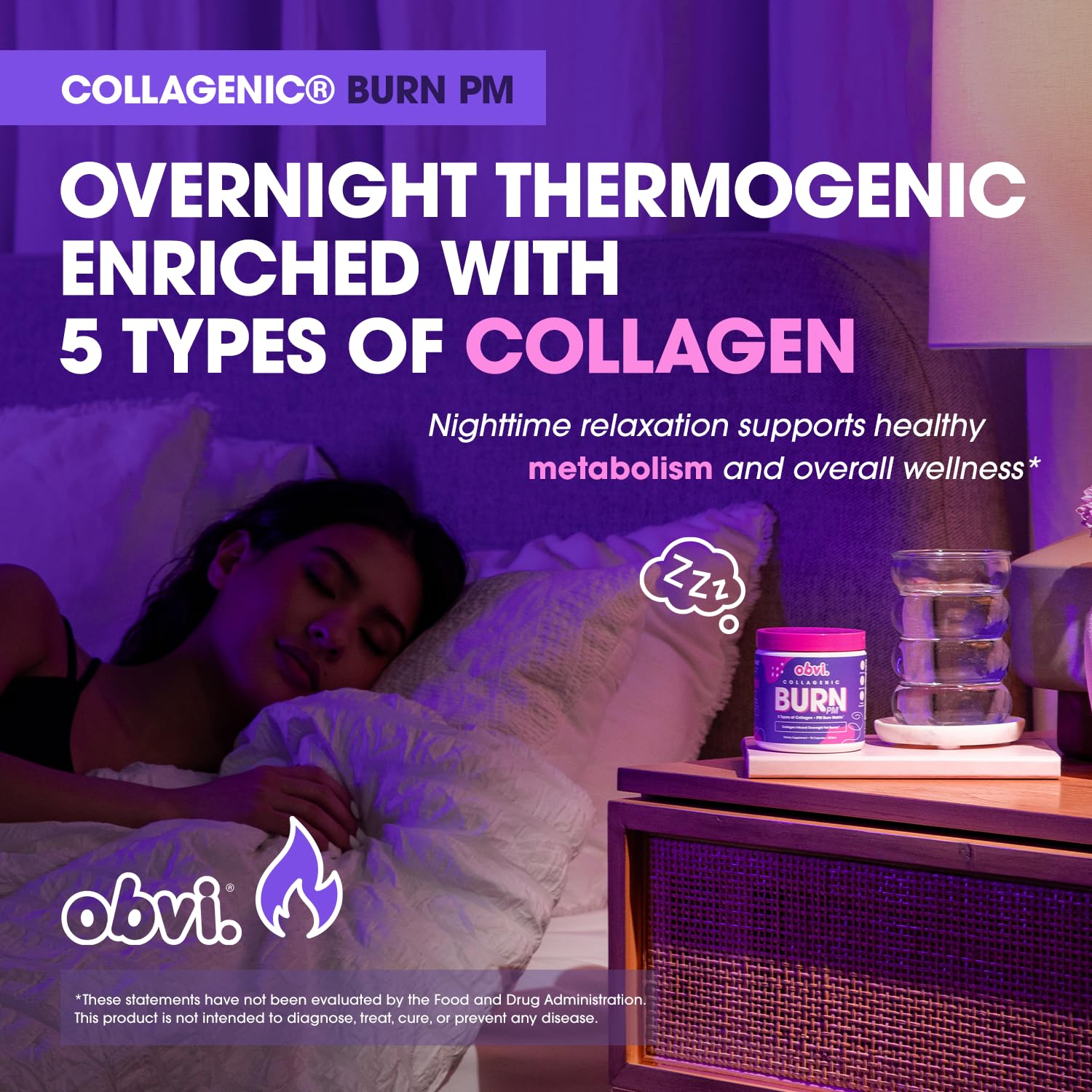 Obvi Collagenic Burn PM capsules on a wooden surface