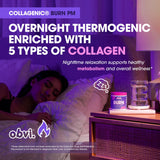 Obvi Collagenic Burn PM capsules on a wooden surface