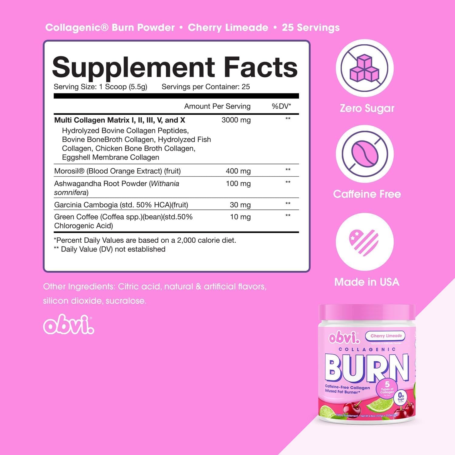 Obvi Collagenic Burn Powder 136g back view with nutritional information