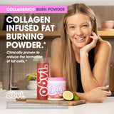 Obvi Collagenic Burn Powder 136g displayed with coffee