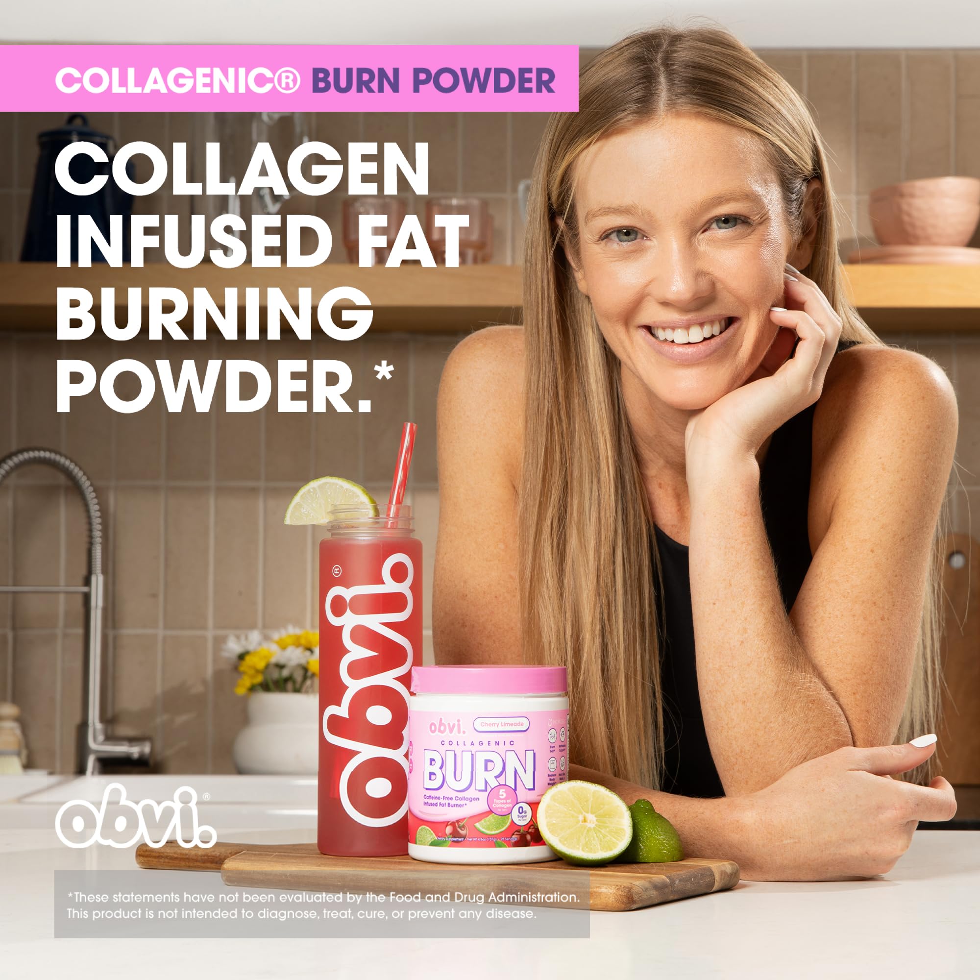 Obvi Collagenic Burn Powder 200g on a kitchen counter with coffee