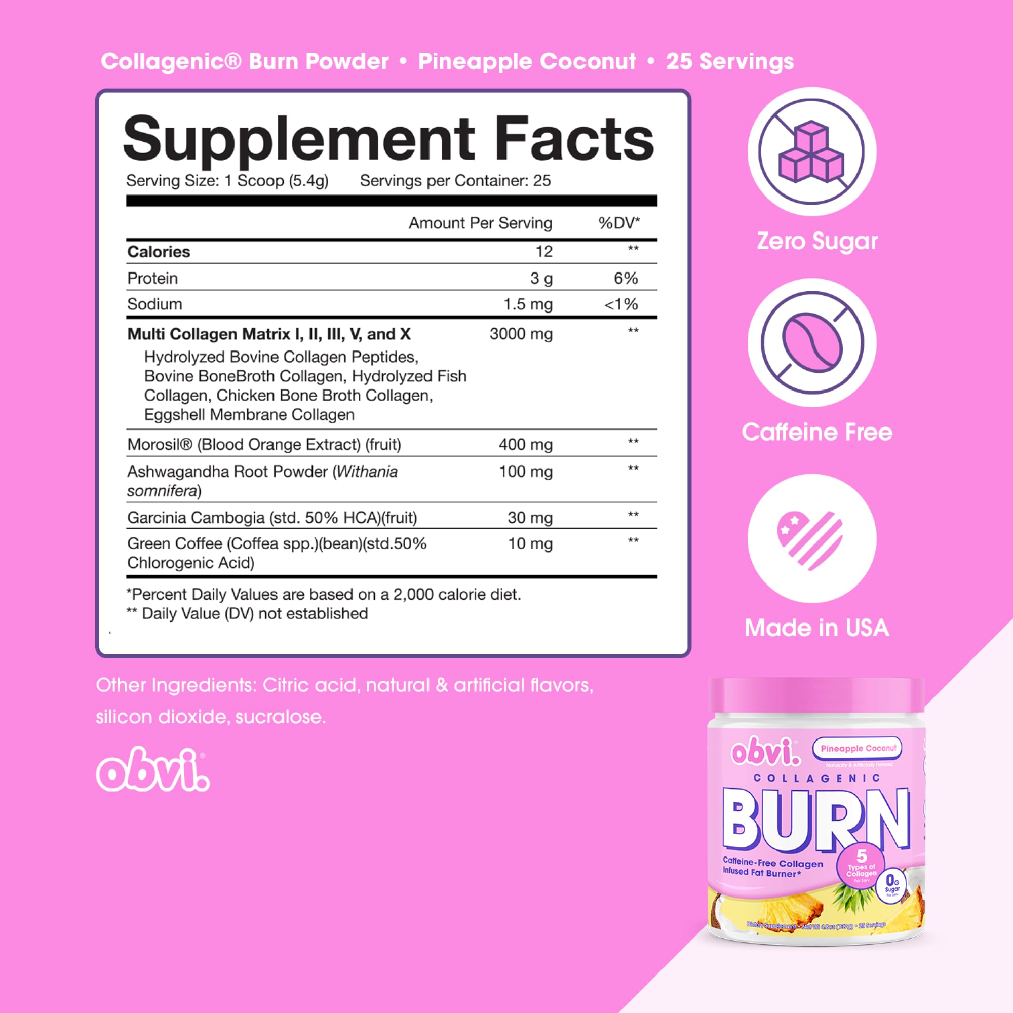 Obvi Collagenic Burn Powder 200g scoop with powder