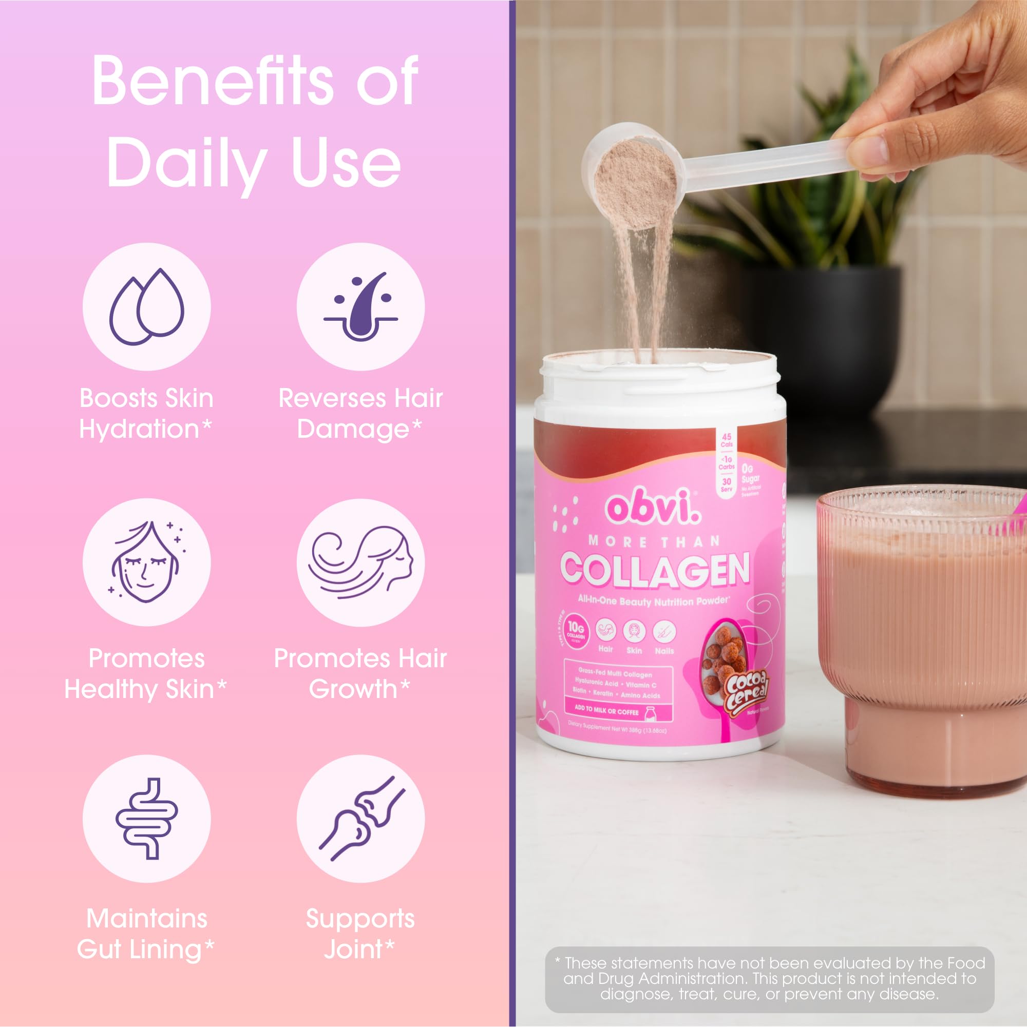 Obvi More Than Collagen Powder mixed in a glass of milk