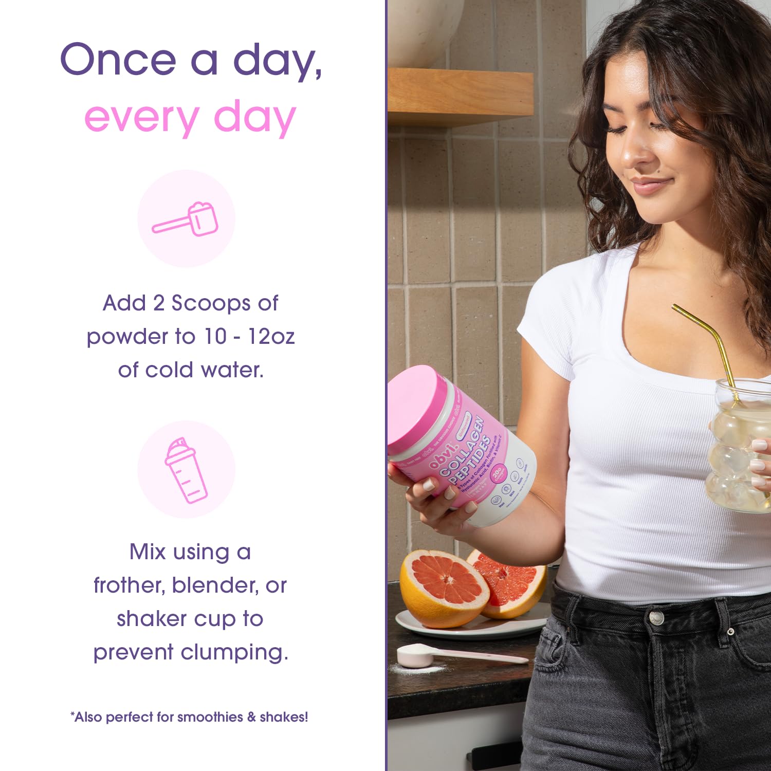 Obvi Multi-Collagen Peptide Powder 339g in a smoothie