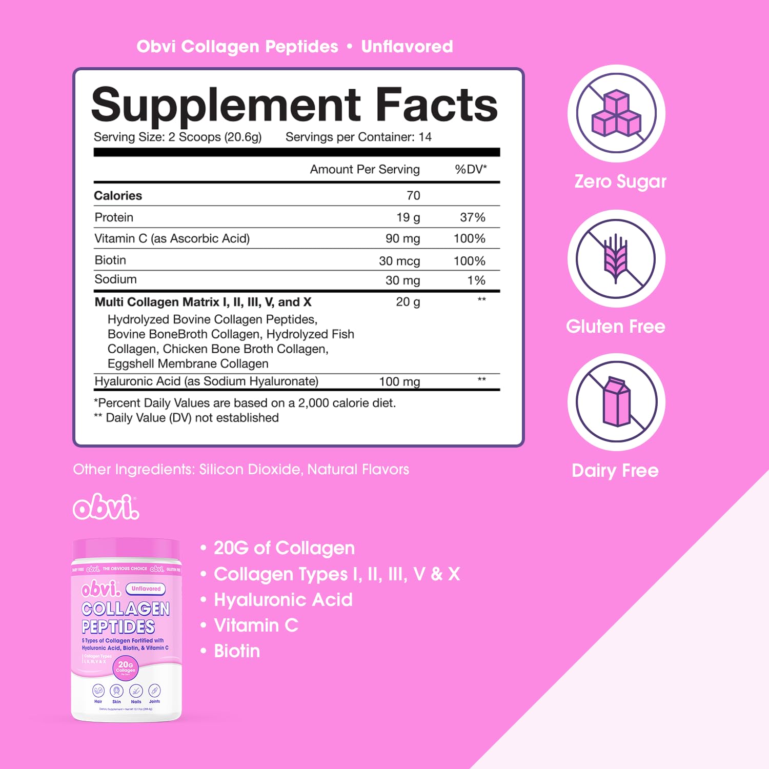 Obvi Multi-Collagen Peptide Powder 339g scoop next to powder