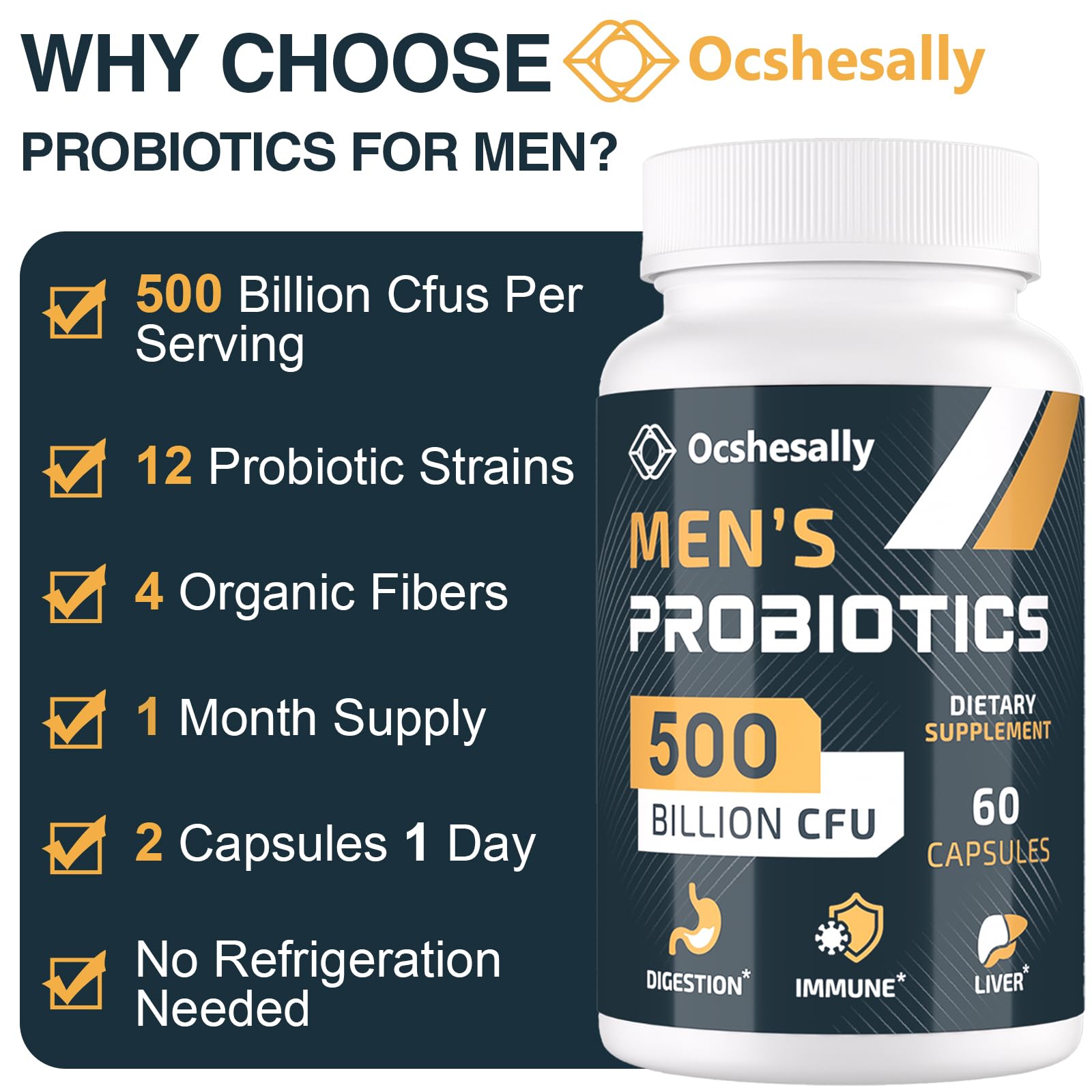 Ocshesally Men's Probiotic Supplement bottle with measuring spoon