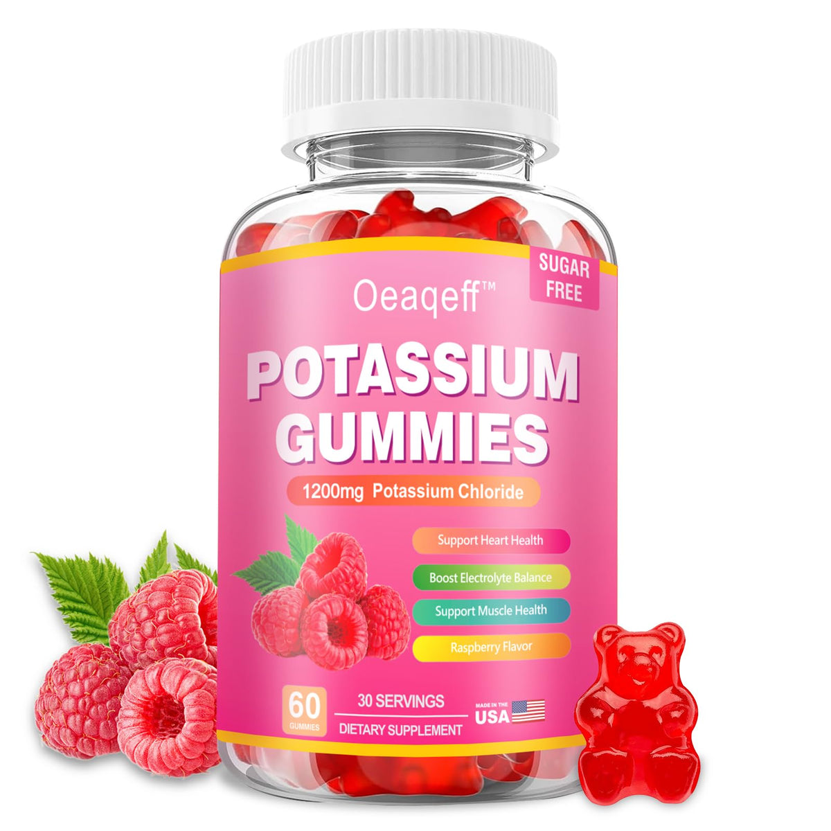 Oeaqeff Potassium Gummies bottle front view with 60 gummies