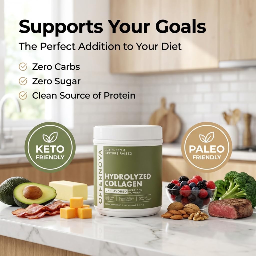 Offernova Collagen Peptide Powder scooped into a glass