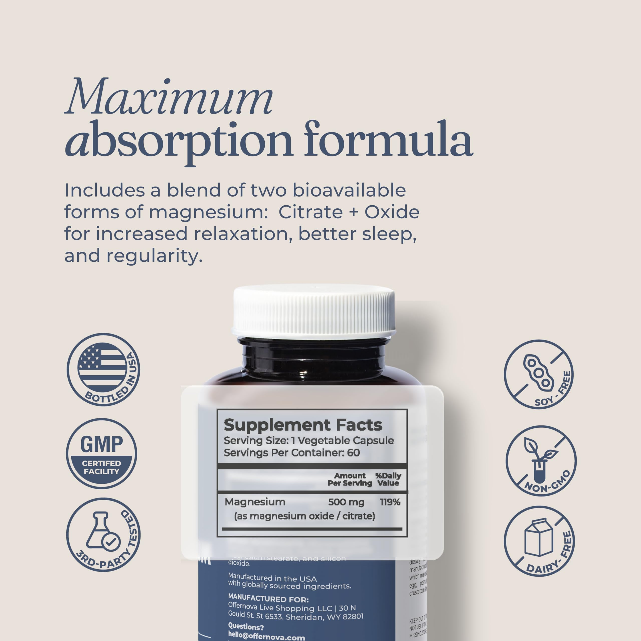 Offernova Magnesium Ultra 500mg capsules back view with ingredients
