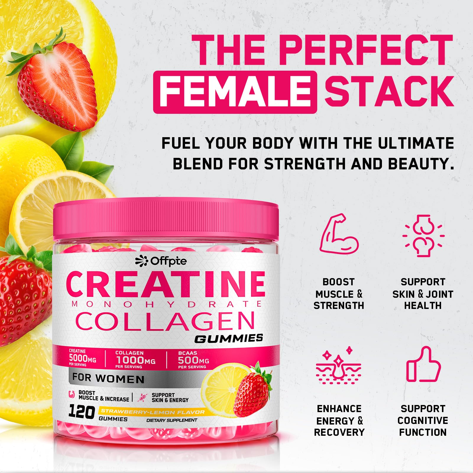 OFFPTE Creatine Gummies bottle with a measuring spoon