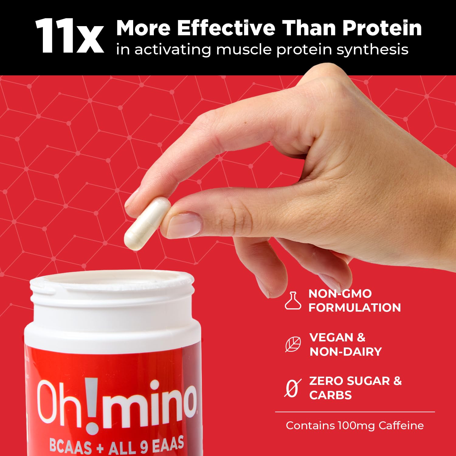Oh!mino Amino Acid Supplement capsules showing size