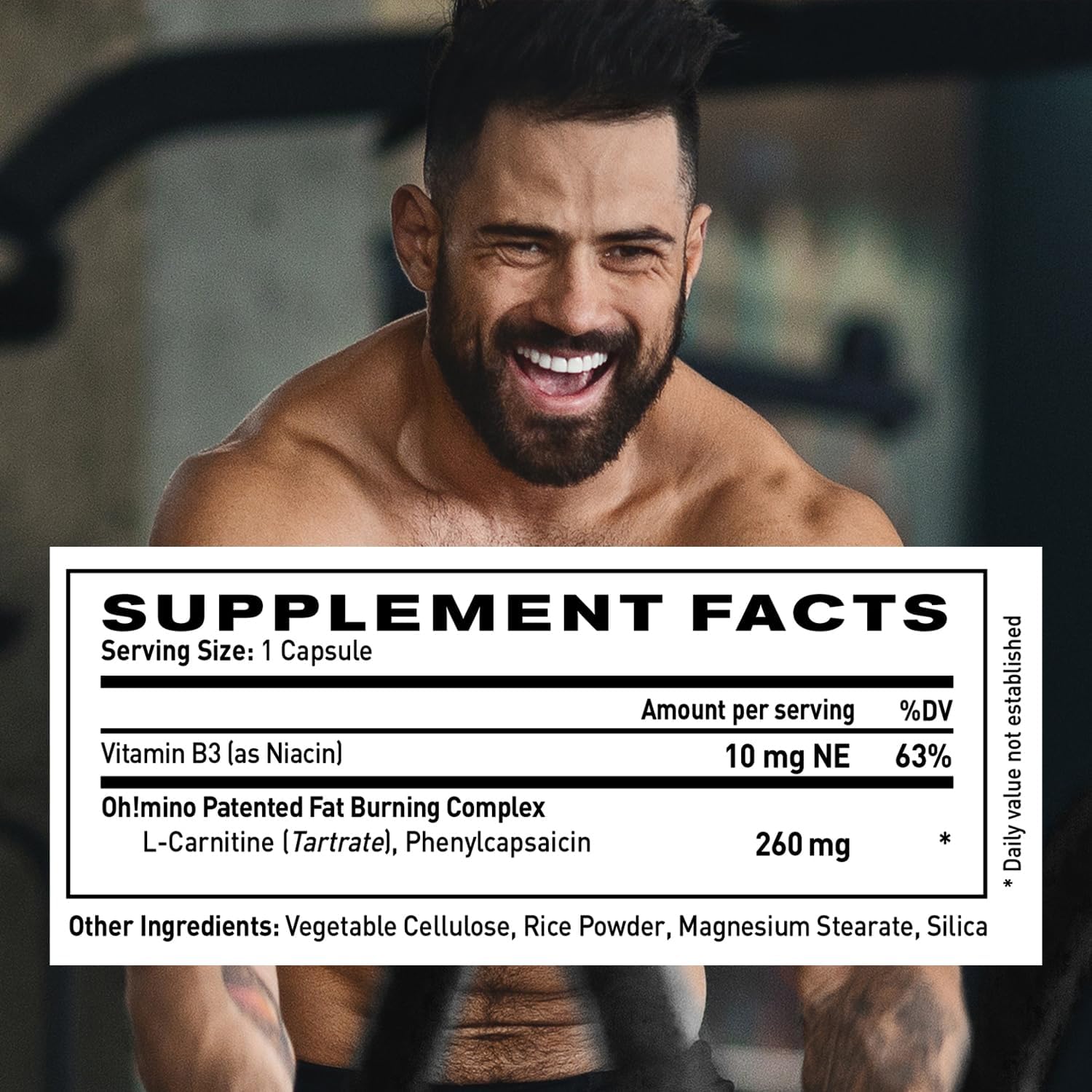 Oh!mino Fat Burner Supplement side view showing capsule details