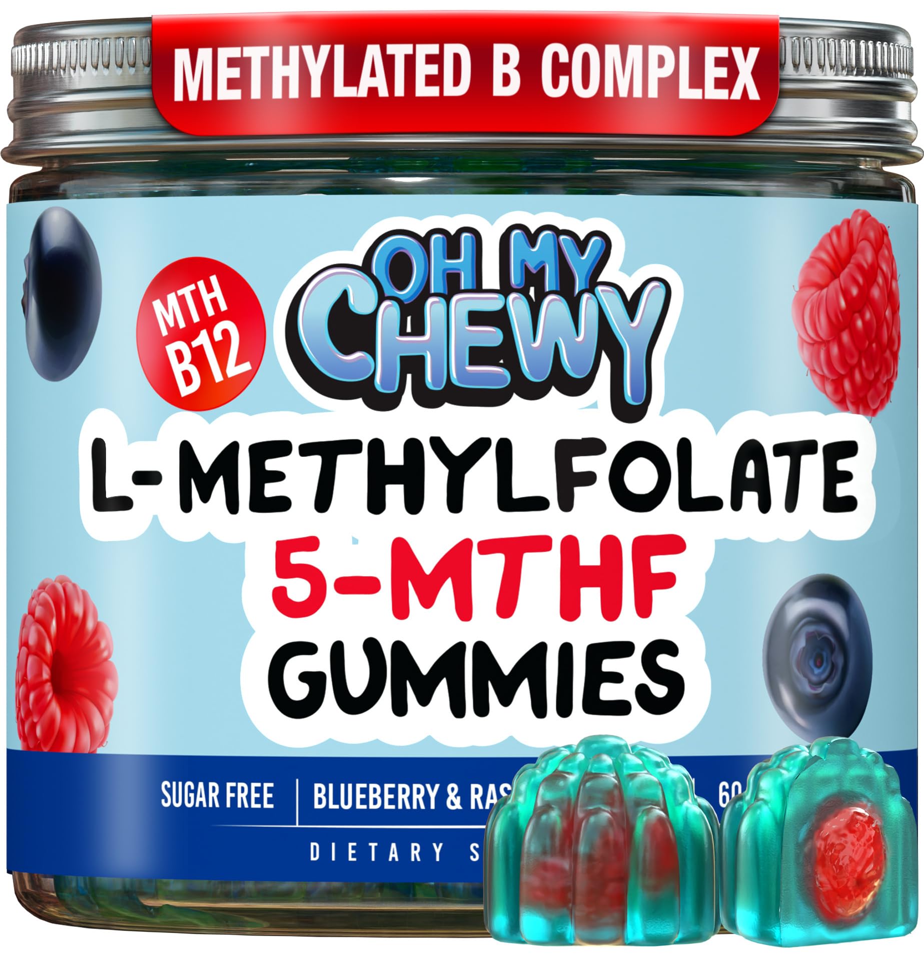 OH MY CHEWY Folic Acid Gummies front view with blueberry and raspberry flavours