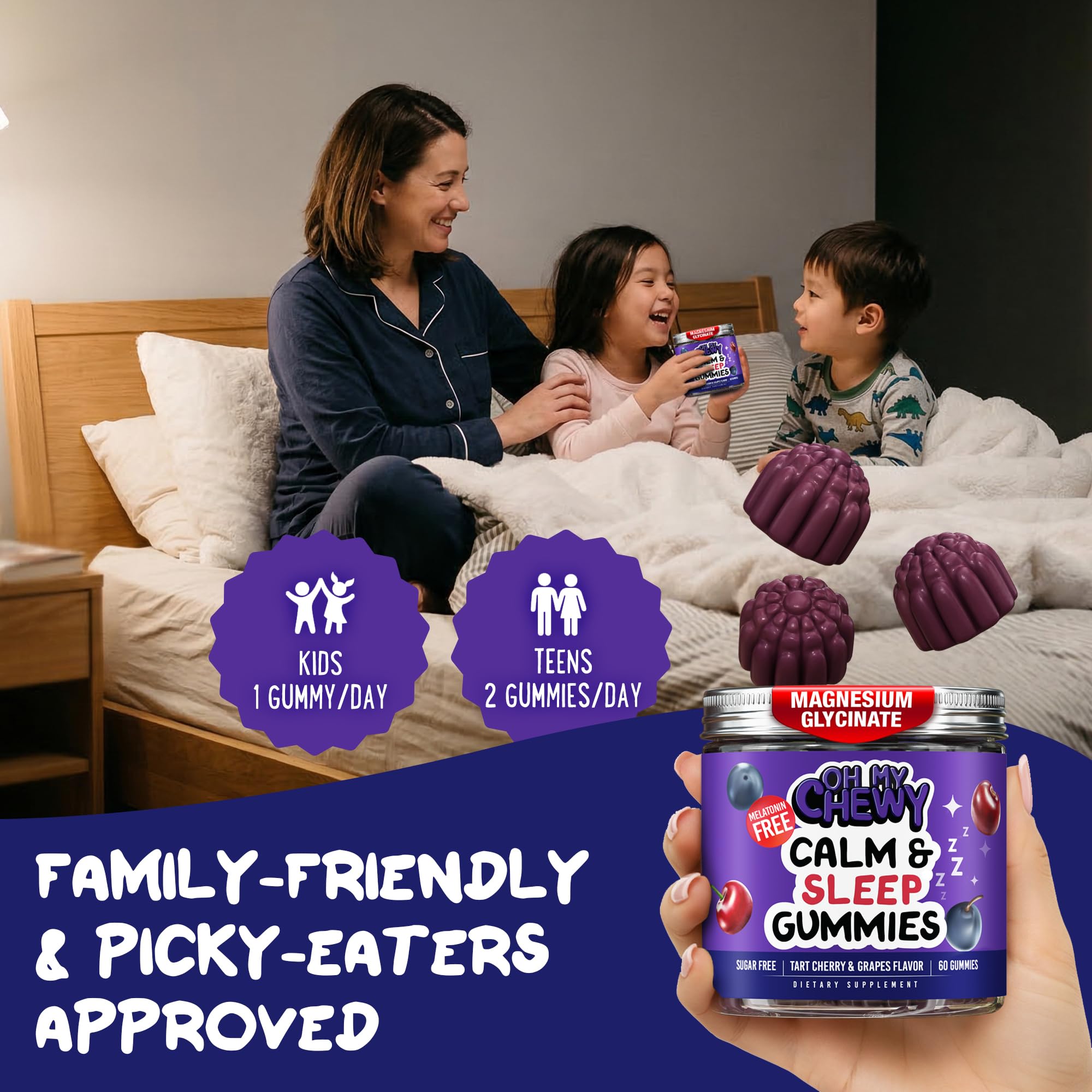 OH MY CHEWY Kids Magnesium Gummies on a wooden table