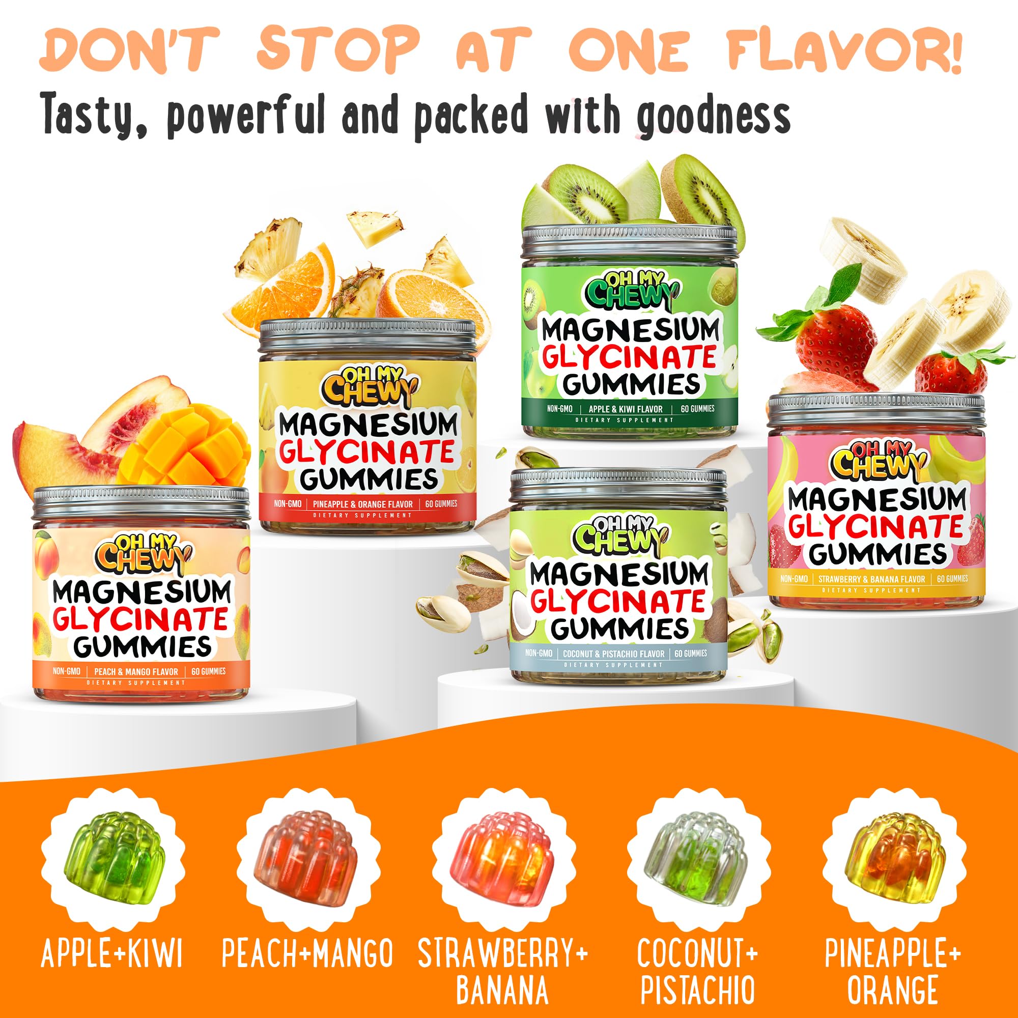 OH MY CHEWY Magnesium Glycinate Gummies displayed with fresh fruit