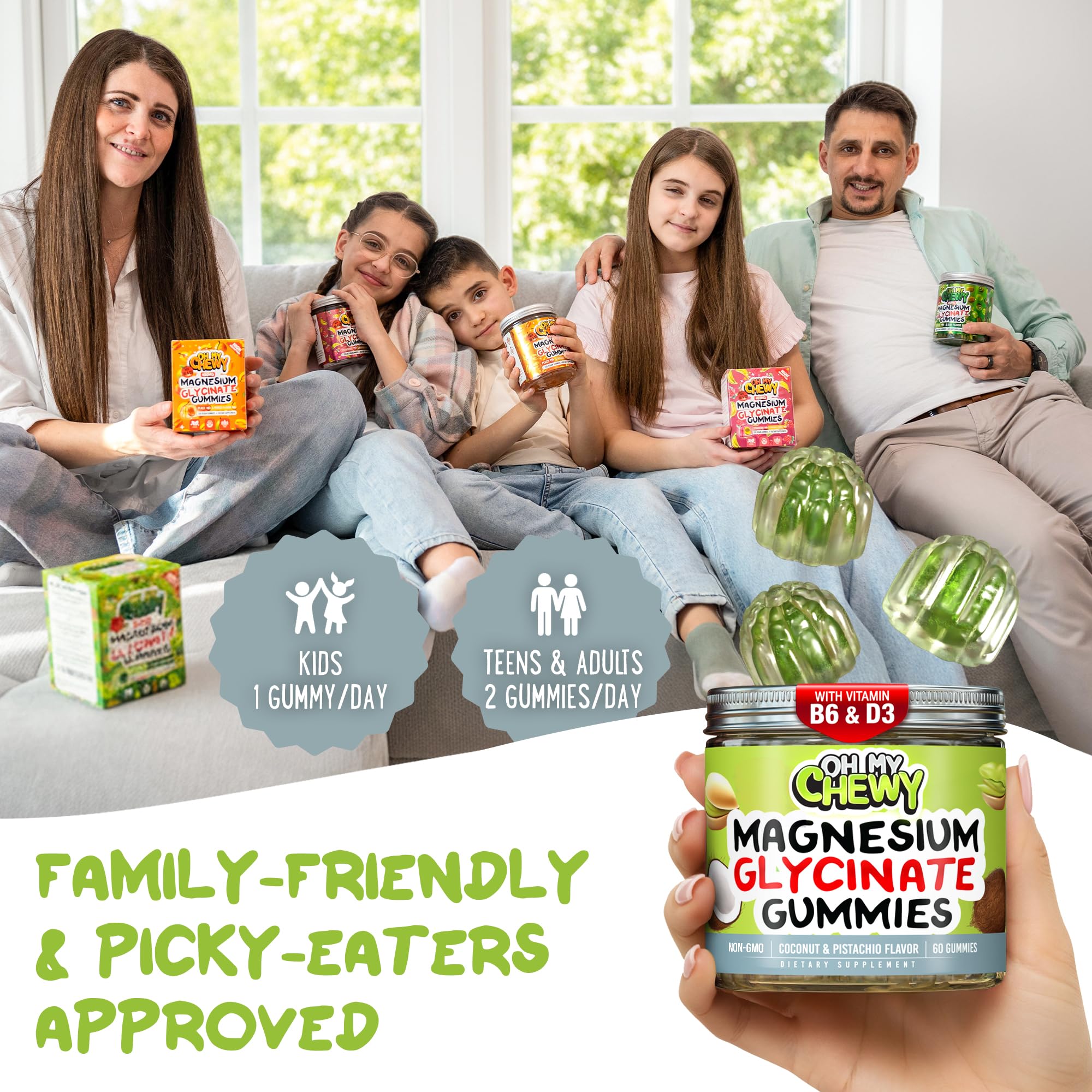 OH MY CHEWY Magnesium Glycinate Gummies on a wooden table