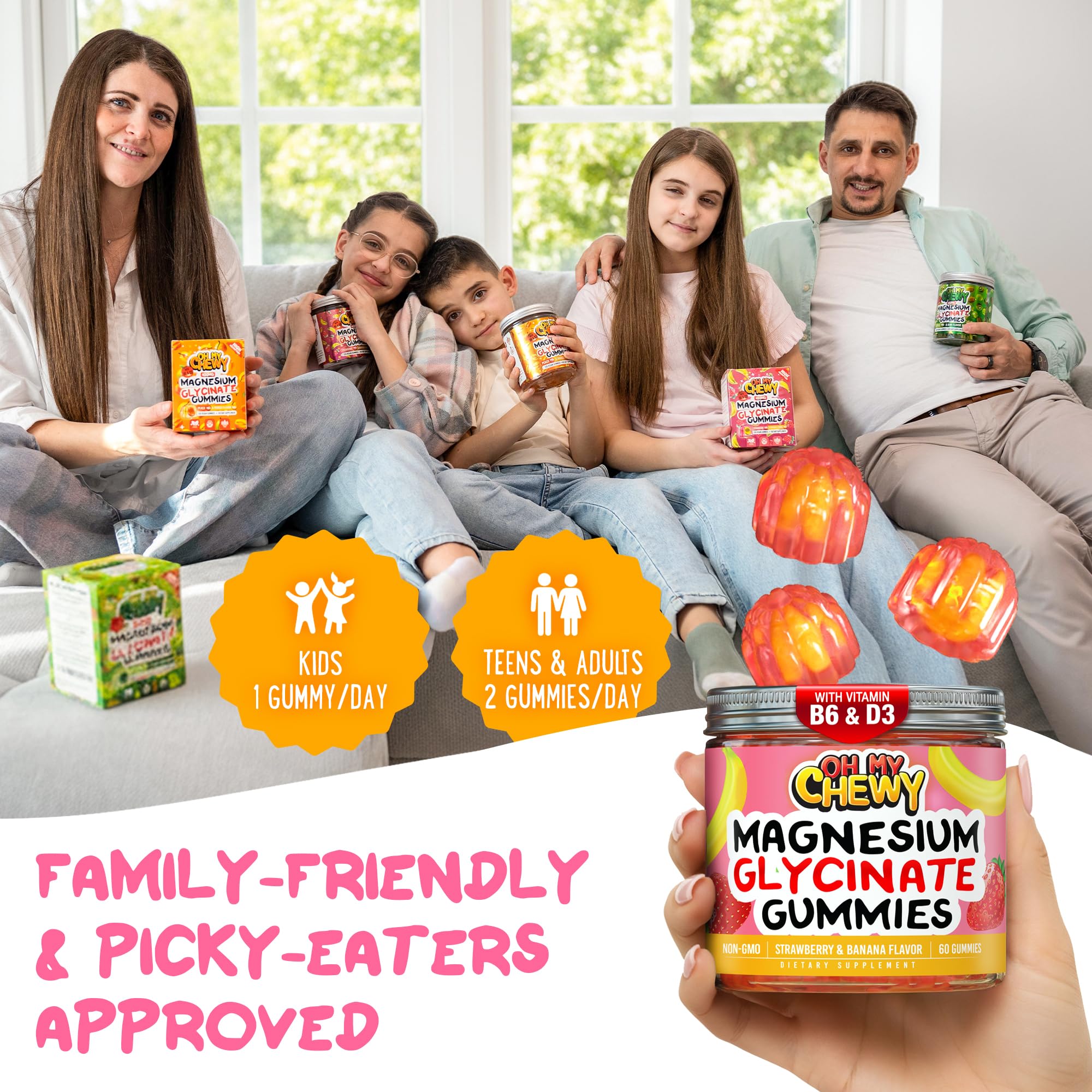 OH MY CHEWY Magnesium Gummies displayed on a kitchen counter