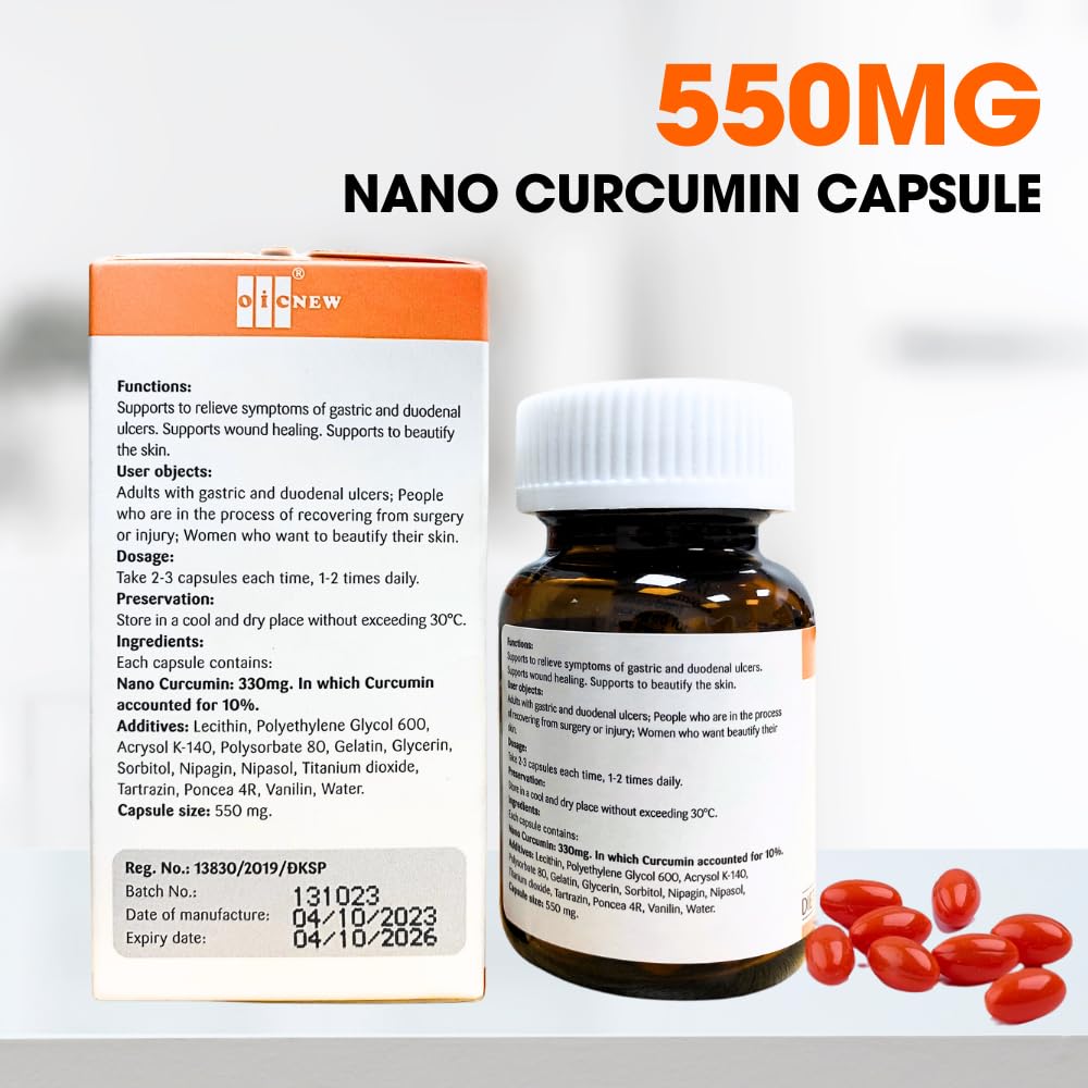 OIC NEW Nano Curcumin Capsules with a glass of water