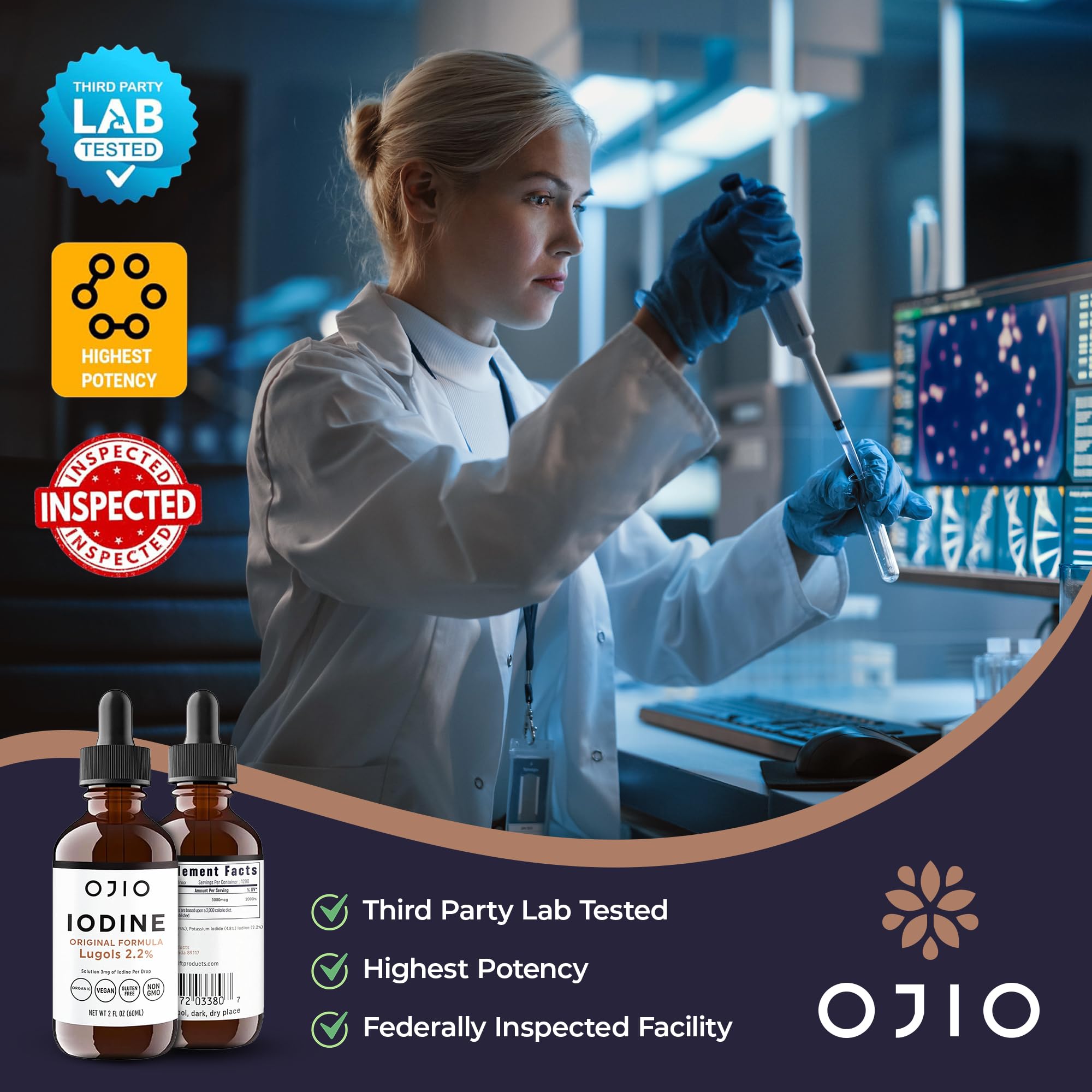 Ojio Lugol's Iodine Liquid Drops bottle on kitchen counter