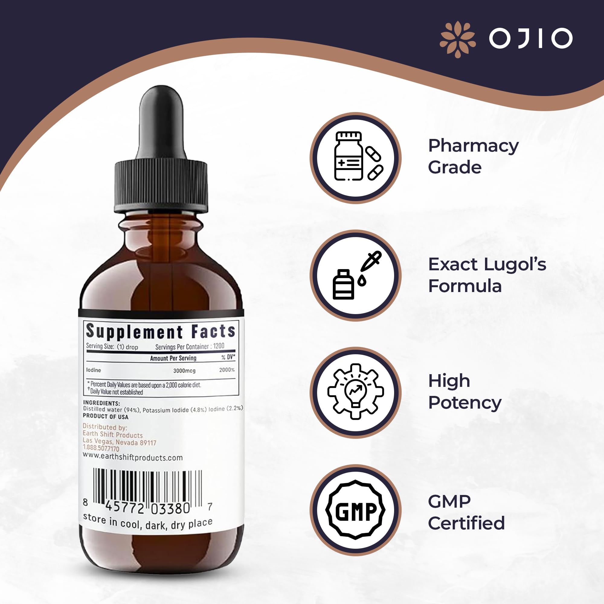 Ojio Lugol's Iodine Liquid Drops packaging side view