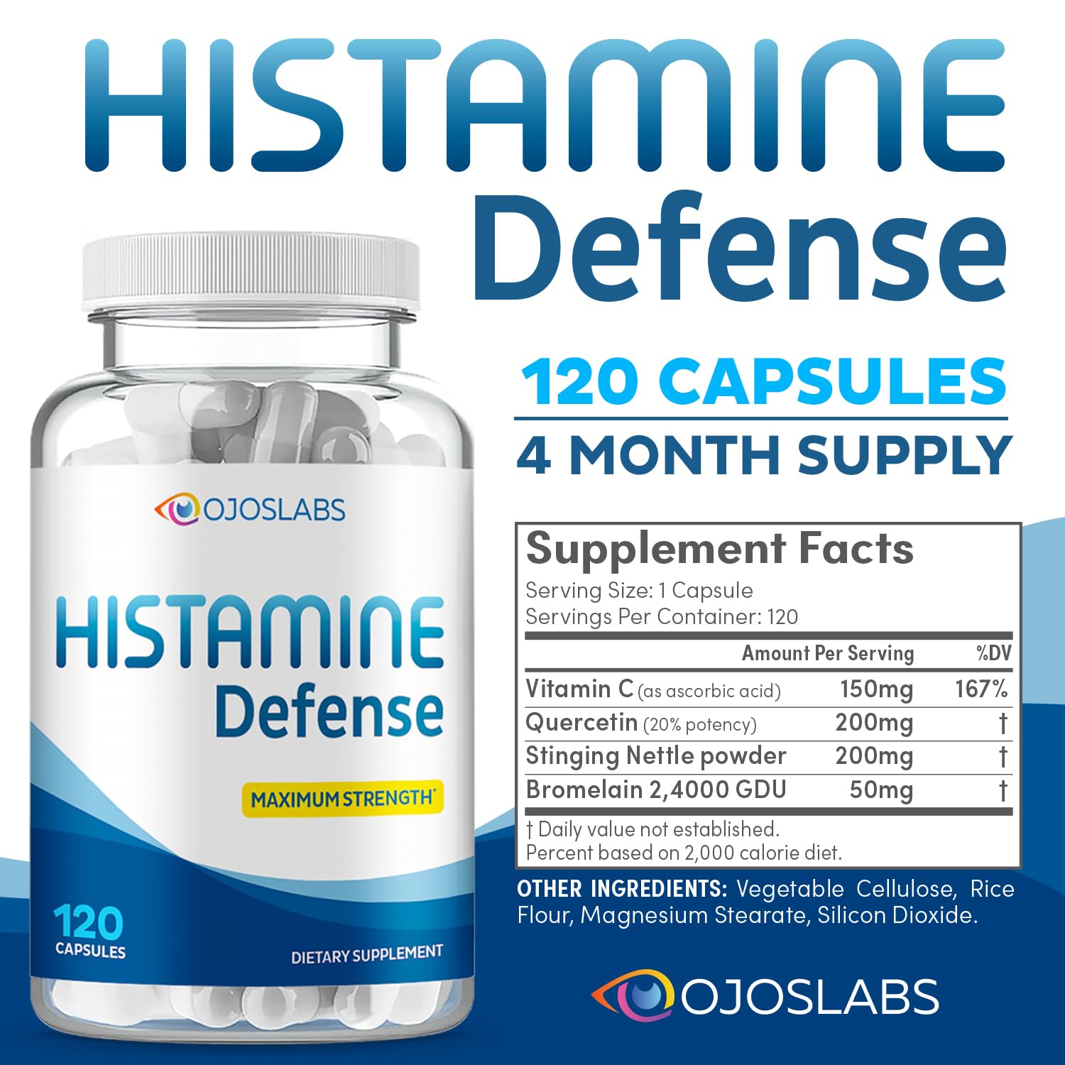 OjosLabs Advanced Histamine Defense capsules in hand