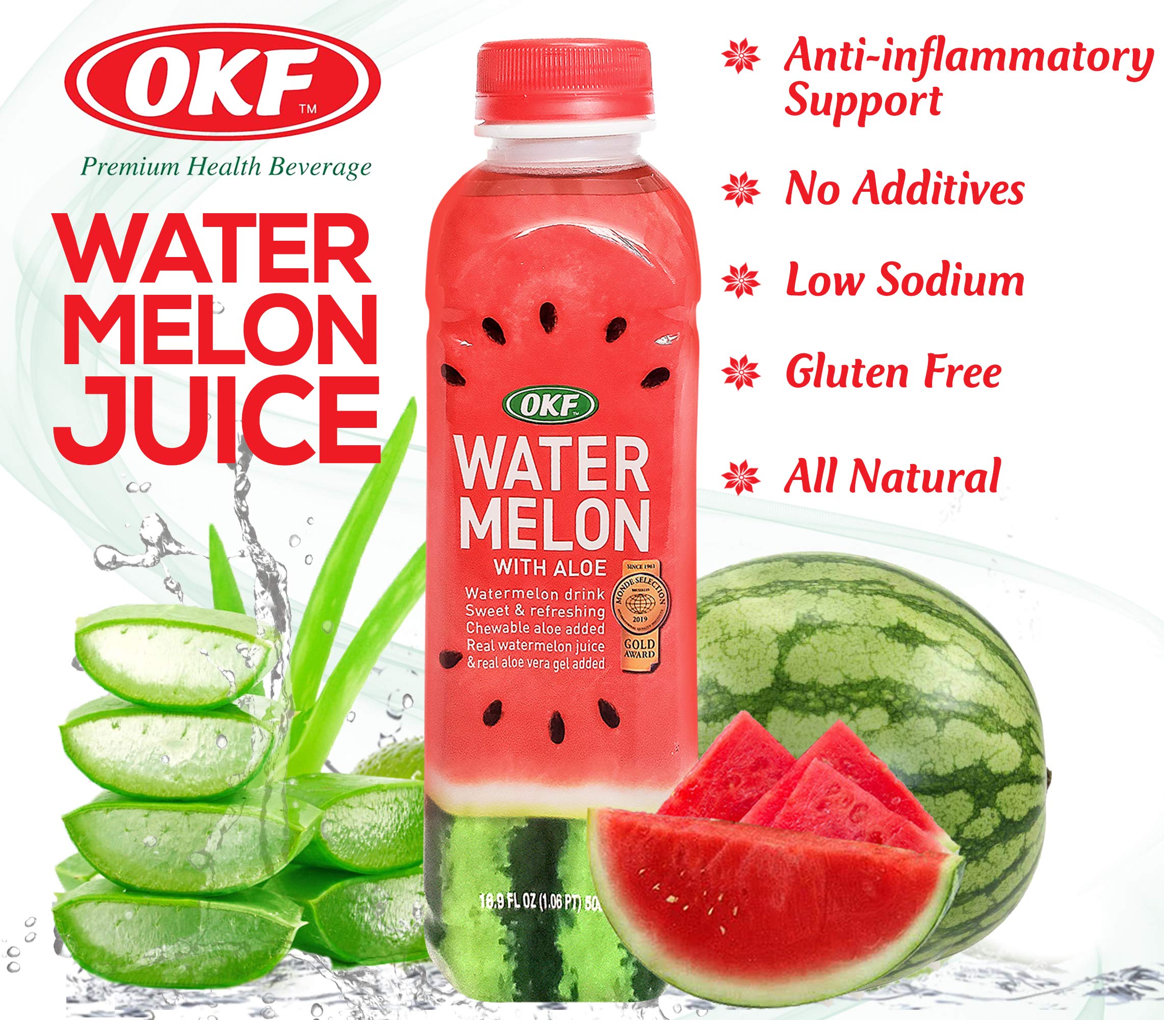 OKF Watermelon Aloe Vera Juice in a glass with ice