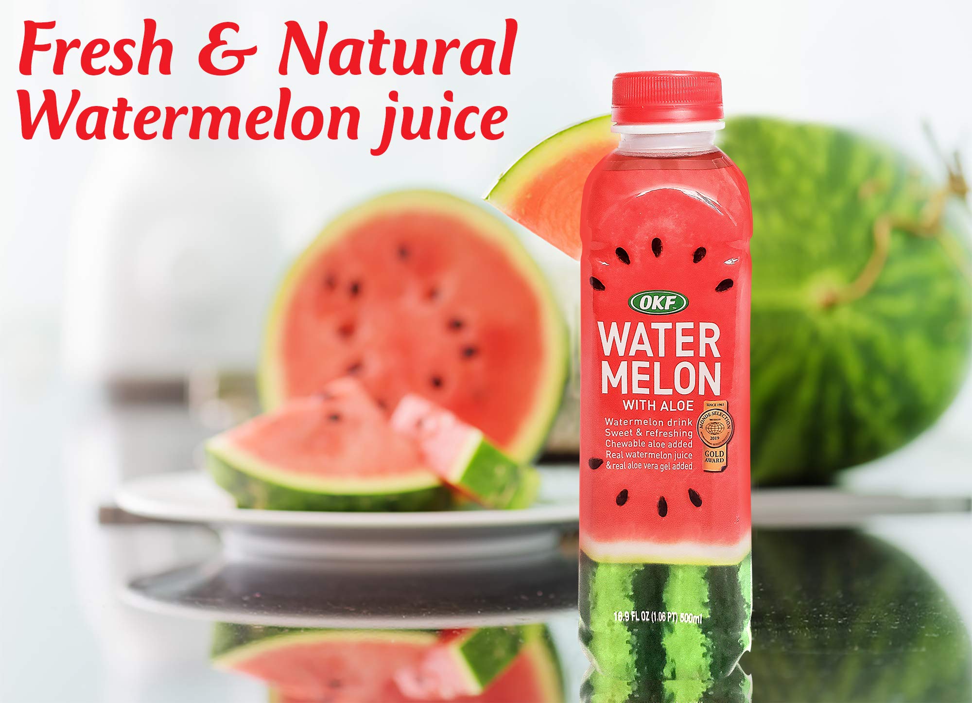 OKF Watermelon Aloe Vera Juice with fresh watermelon slices