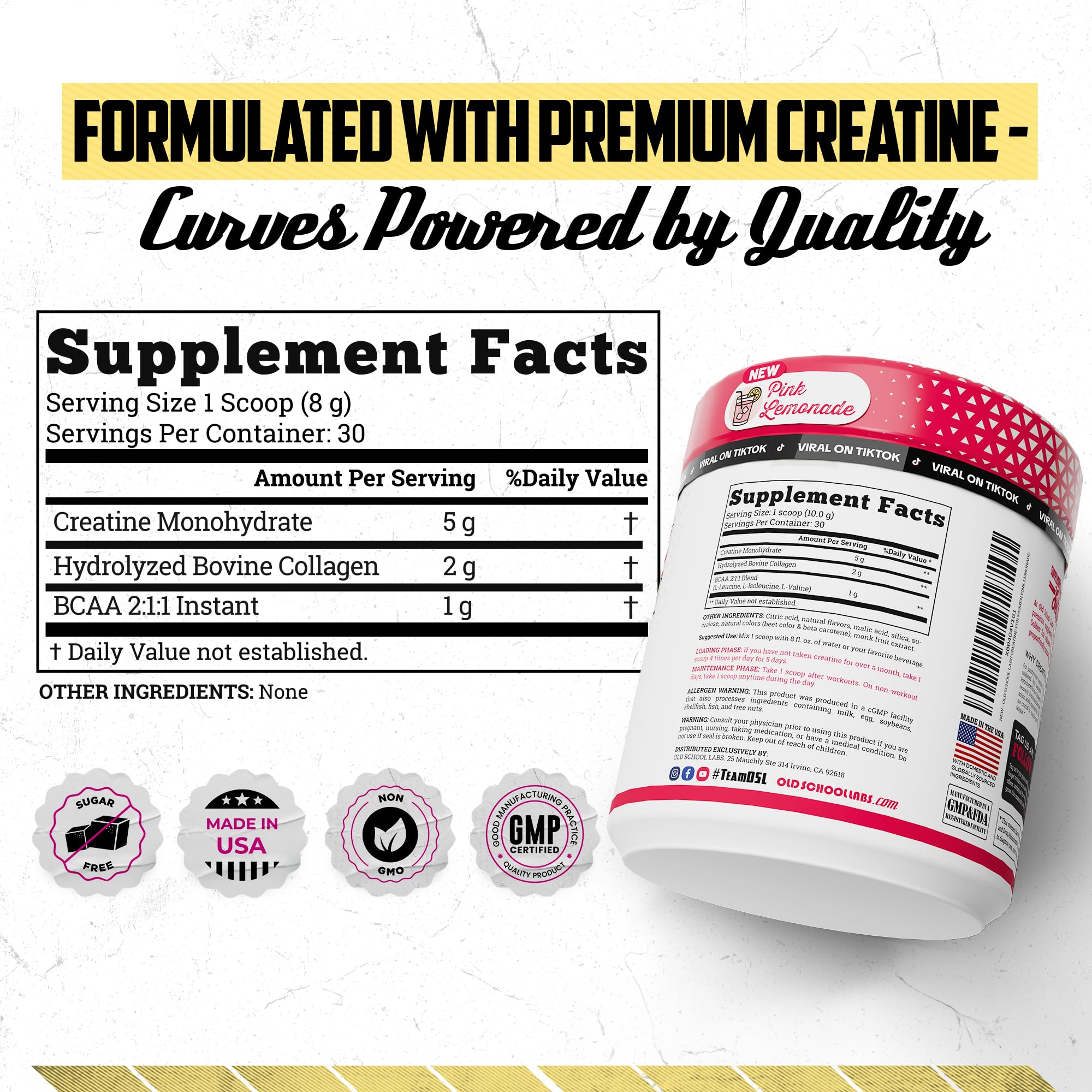 Old School Labs Creatine Powder for Women 240g Pink Lemonade mixed in a glass
