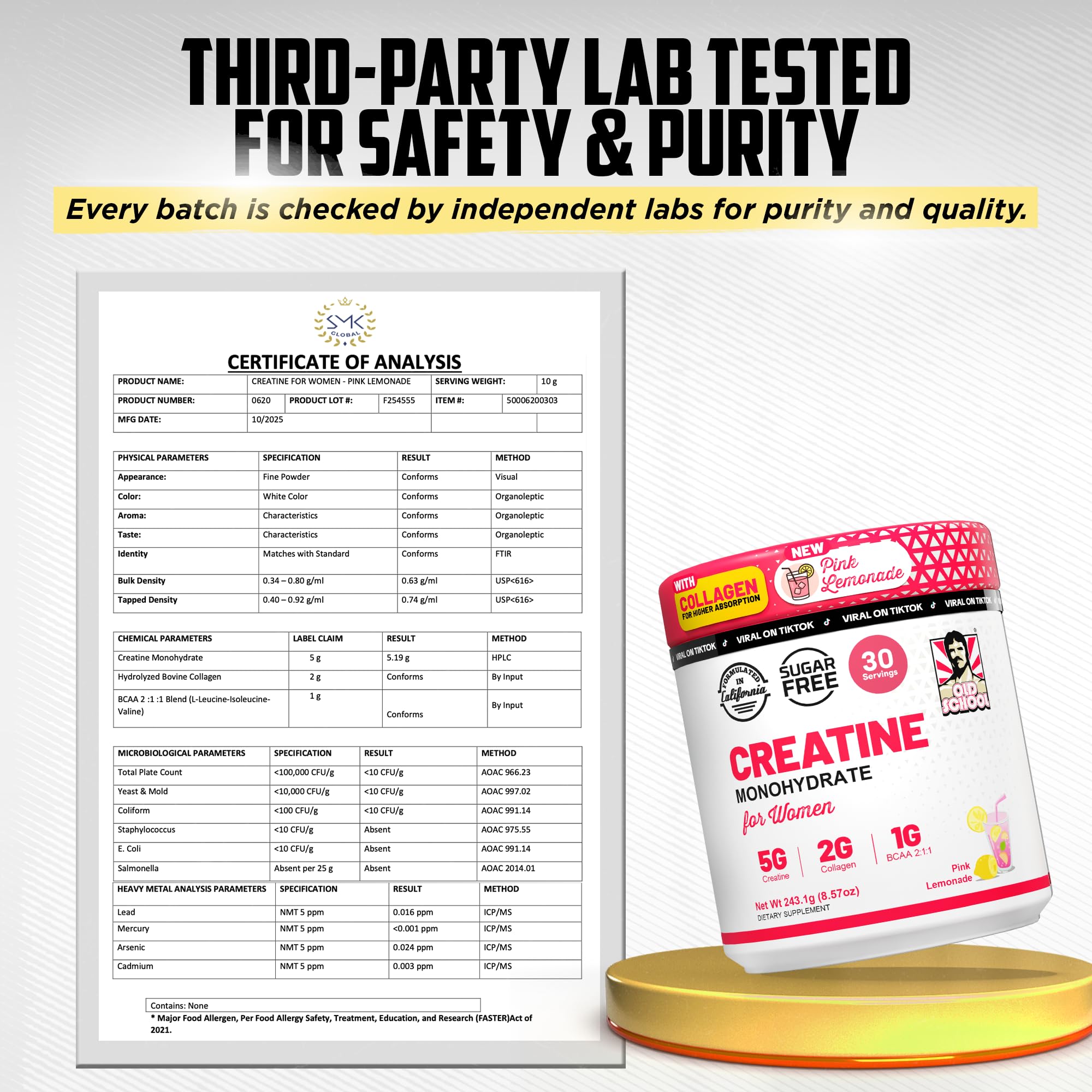 Old School Labs Creatine Powder for Women 240g Pink Lemonade on a gym table