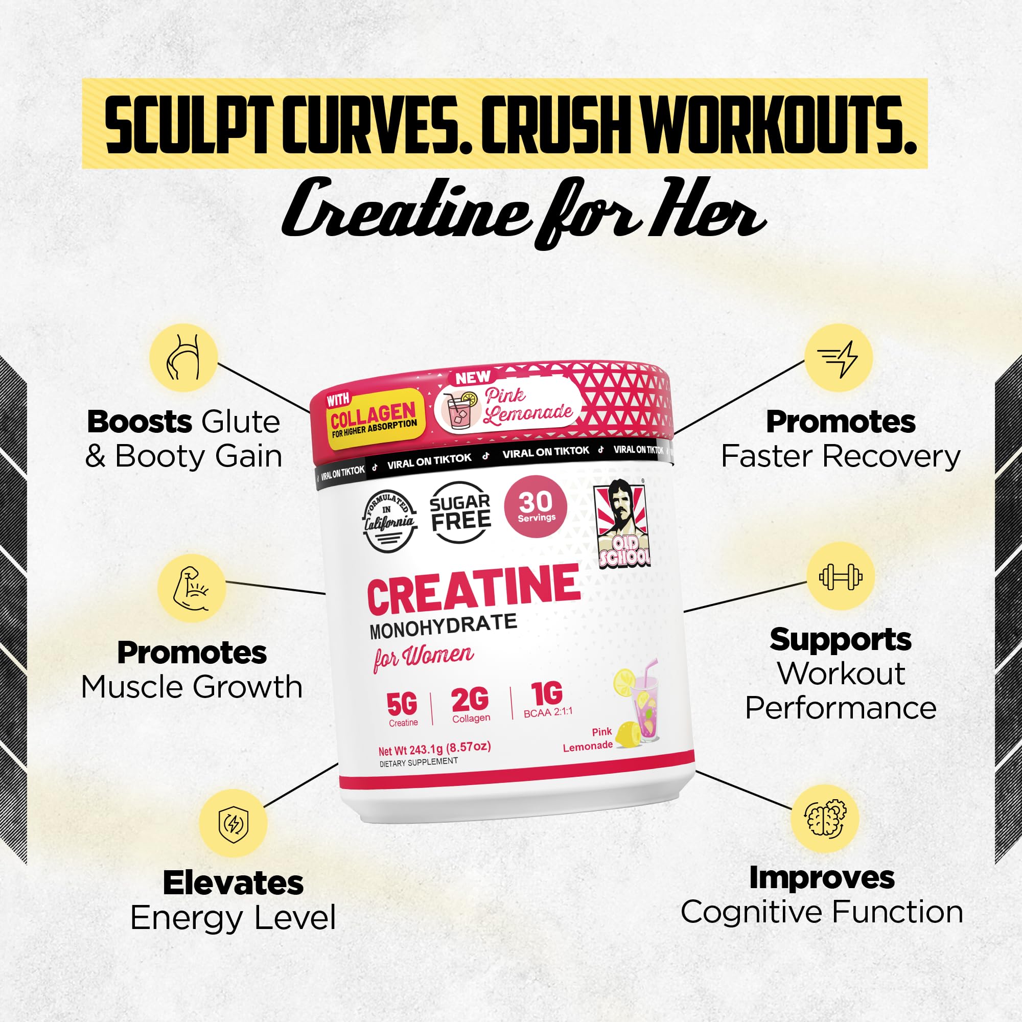 Old School Labs Creatine Powder for Women 240g Pink Lemonade scoop