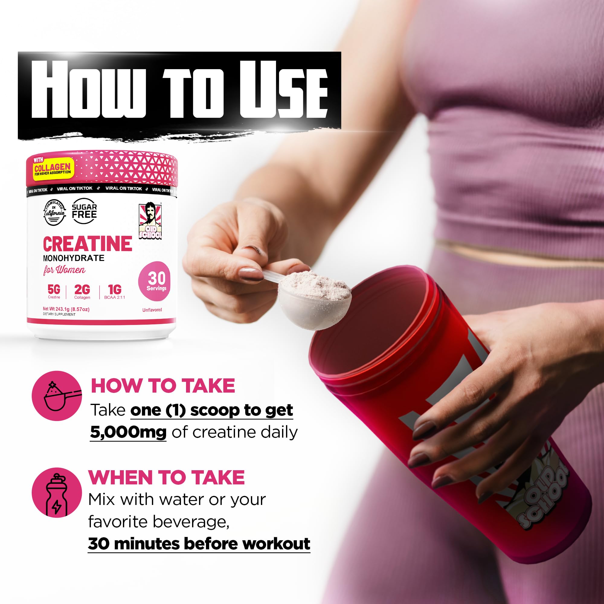 Old School Labs Creatine Powder for Women on gym equipment