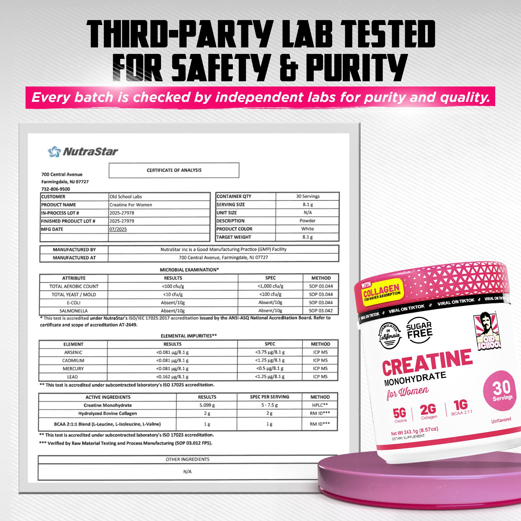 Old School Labs Creatine Powder for Women with fitness accessories