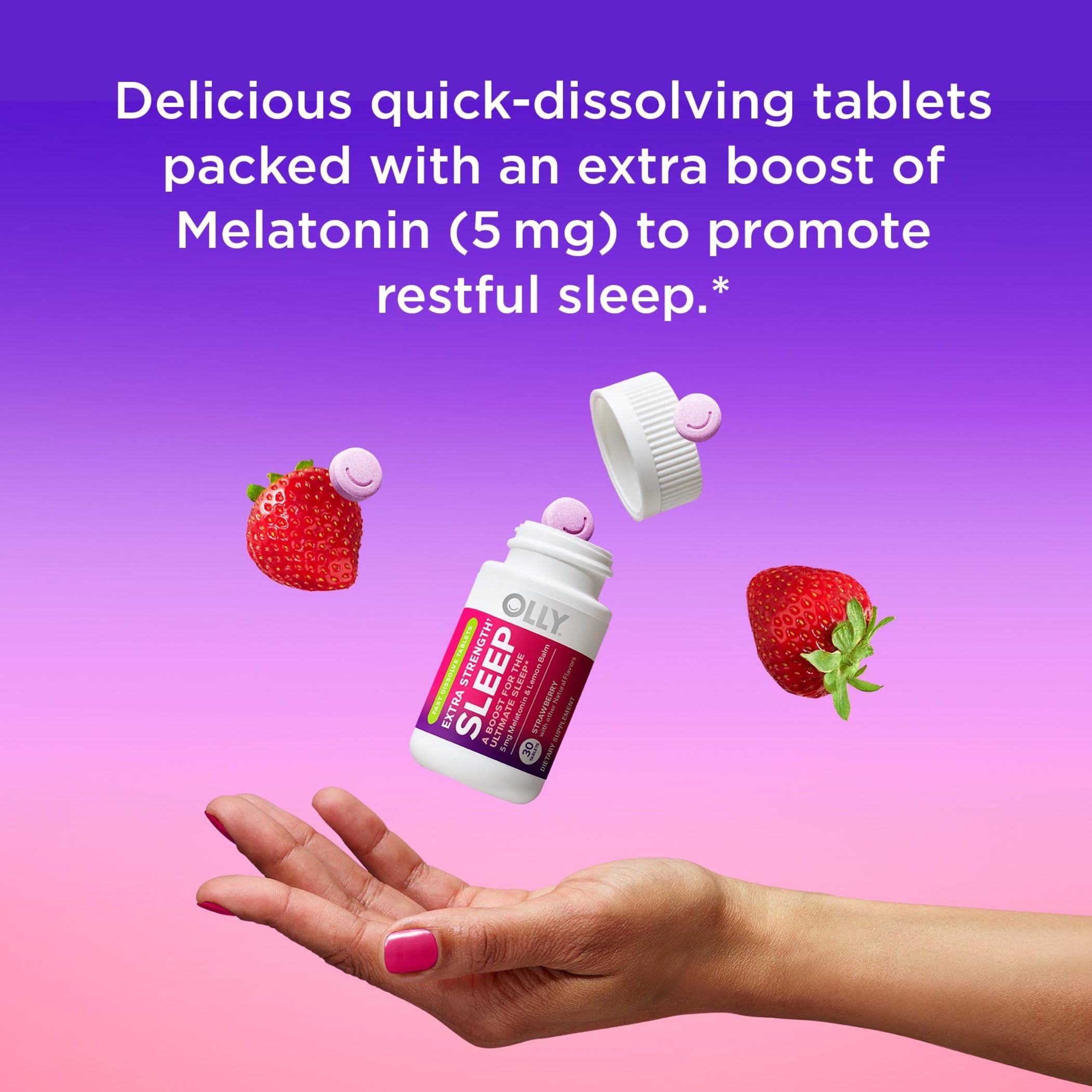 OLLIE Extra Strength Sleep Fast Dissolve Tablets showing strawberry flavour