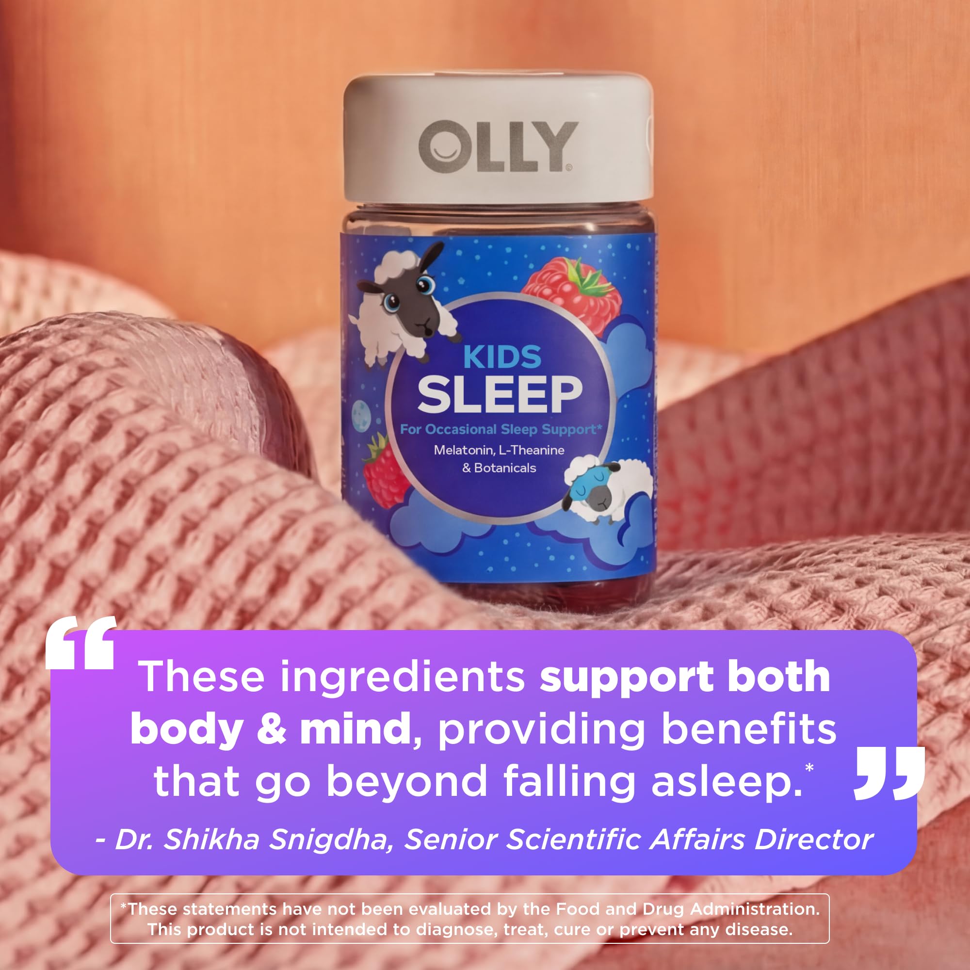 OLLIE Kids Sleep Gummies side view with ingredients listed