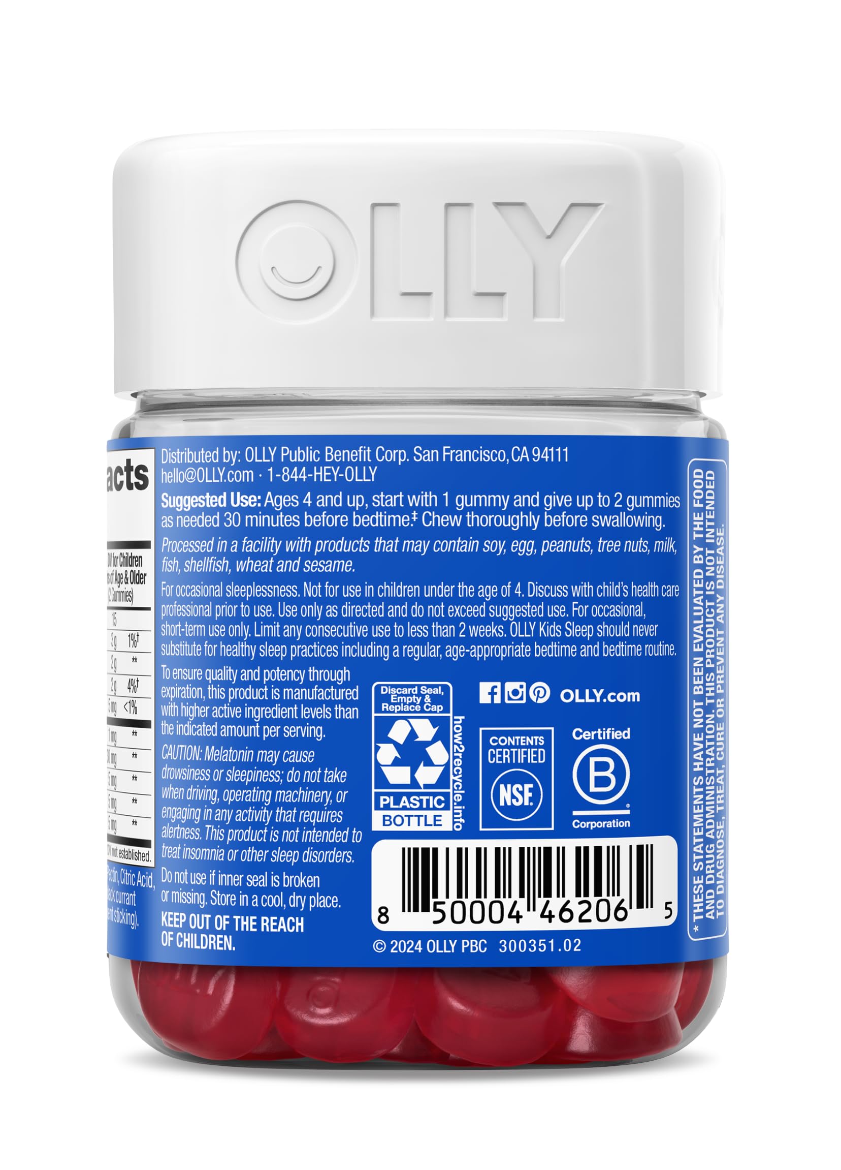 OLLIE Kids Sleep Gummy back view with nutritional information