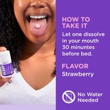 OLLIE Sleep Fast Dissolve Melatonin Tablets with a close-up of the strawberry flavour