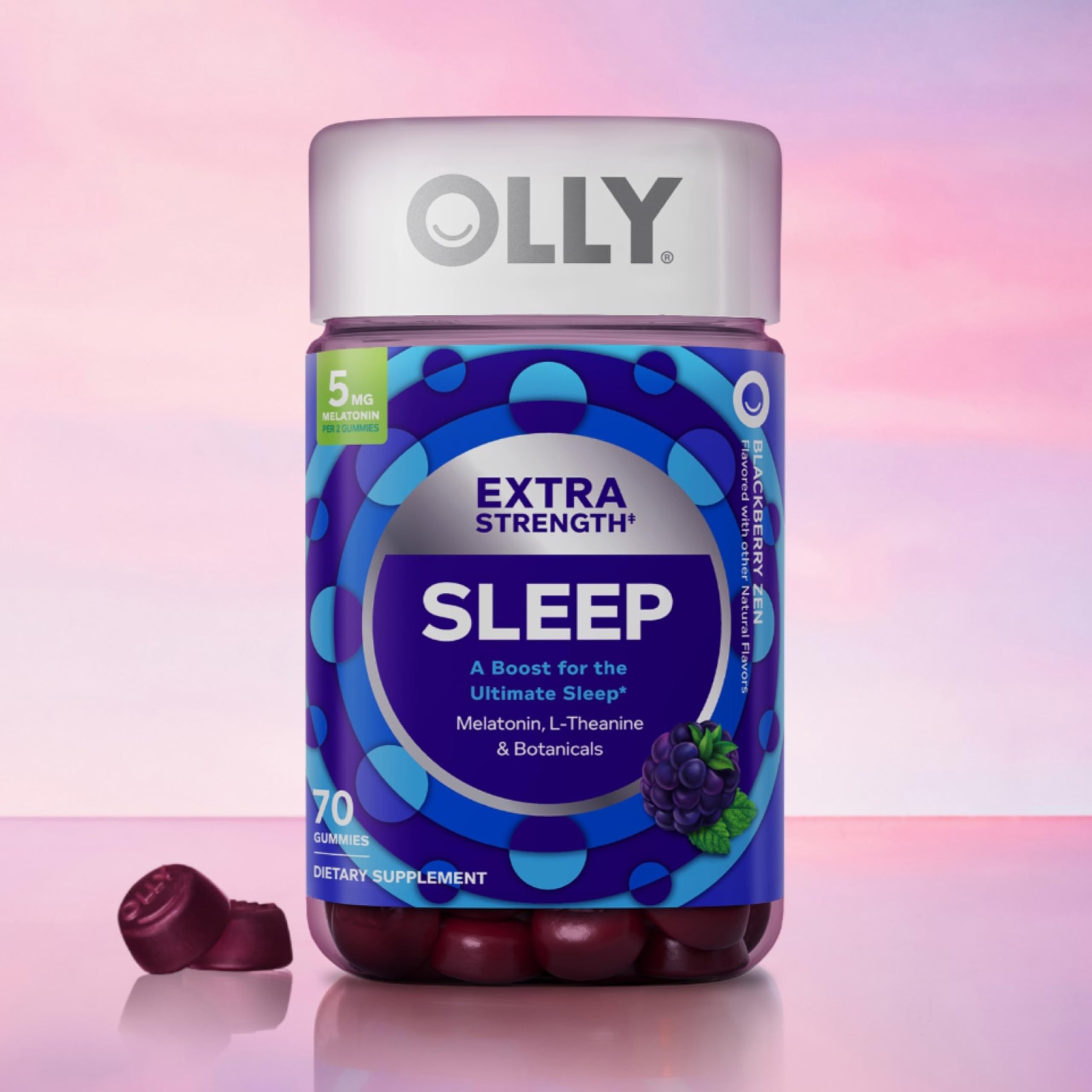 OLLY Extra Strength Sleep Gummies on a wooden table