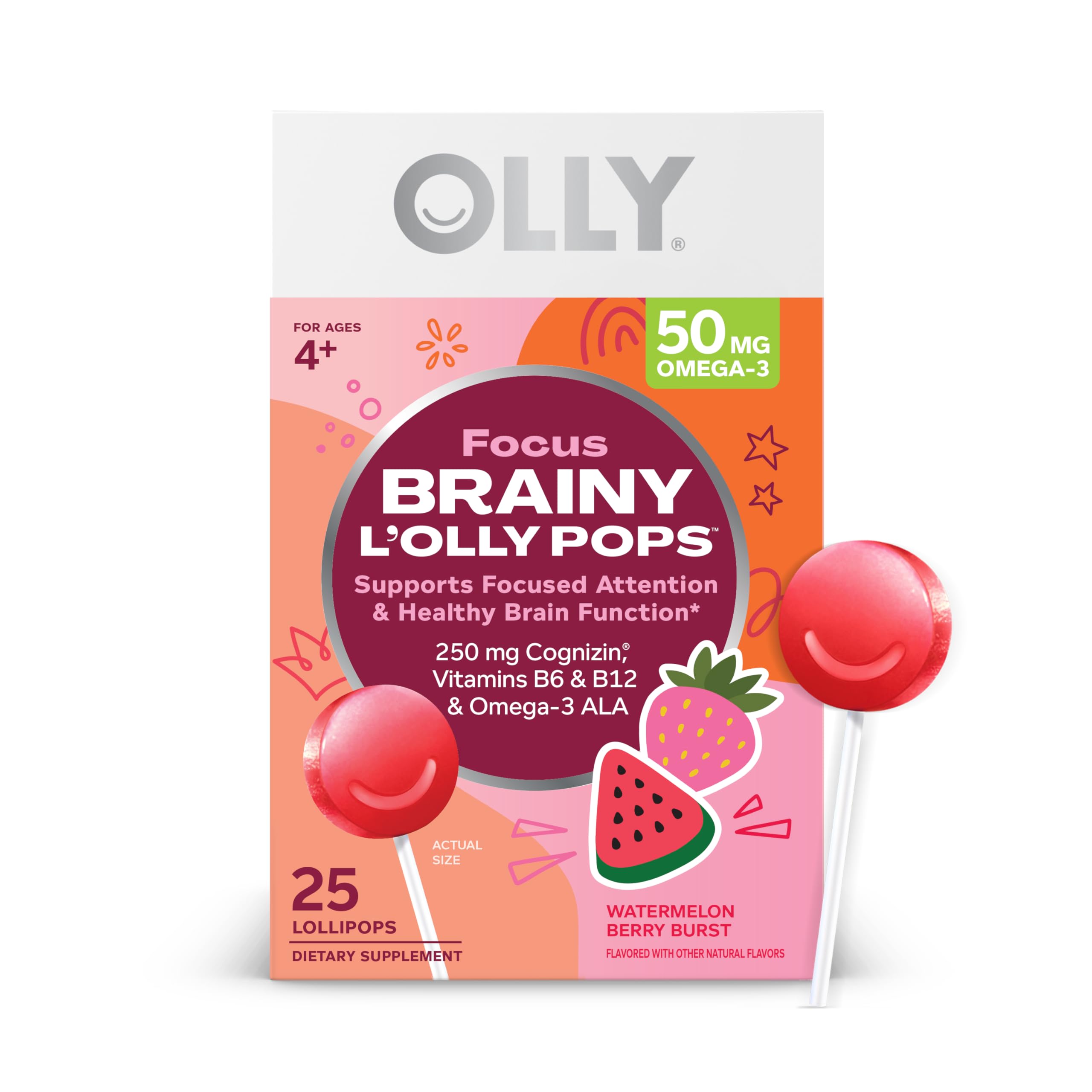 OLLy Focus Buddies L’OLLY Pops box front view with 25 lollipops